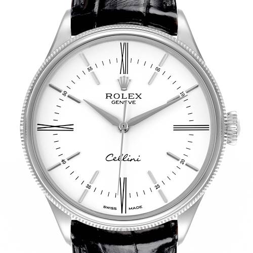 The Rolex Cellini watch is shown from a front angle, highlighting the face, bezel, dial, and black leather strap.