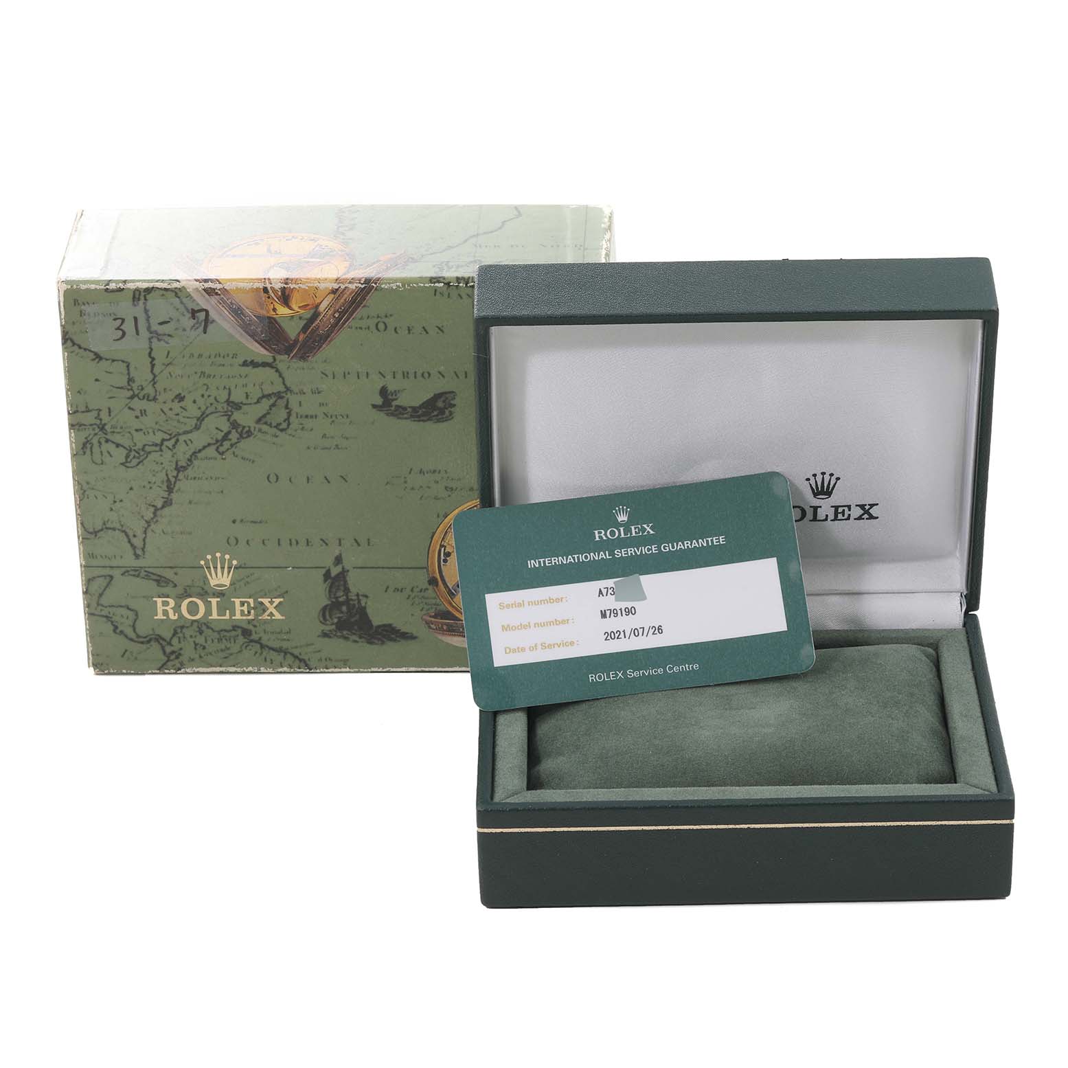 This image shows a Rolex Date 79190 Women's Stainless Steel Pink Dial 79190 Women's Stainless Steel Pink Dial model watch box, an international service guarantee card, and the exterior packaging.