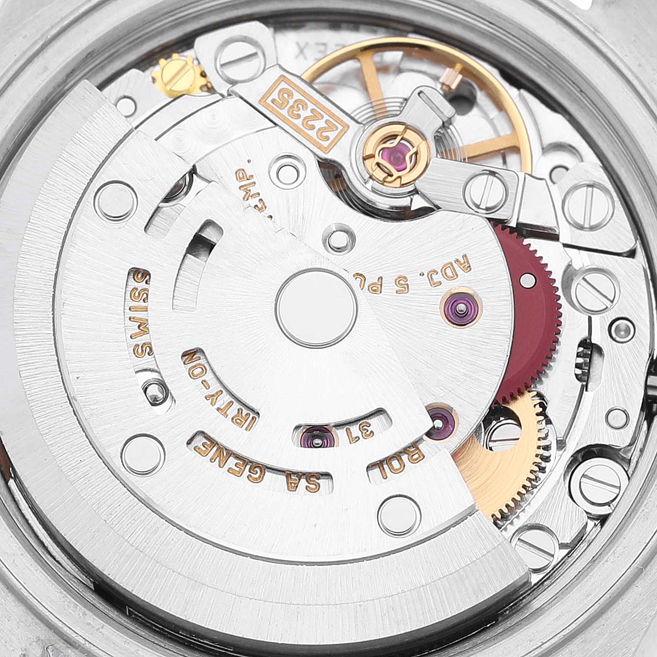 The image shows the detailed view of the movement mechanism inside a Rolex Date 79190 Women's Stainless Steel Pink Dial 79190 Women's Stainless Steel Pink Dial model watch.