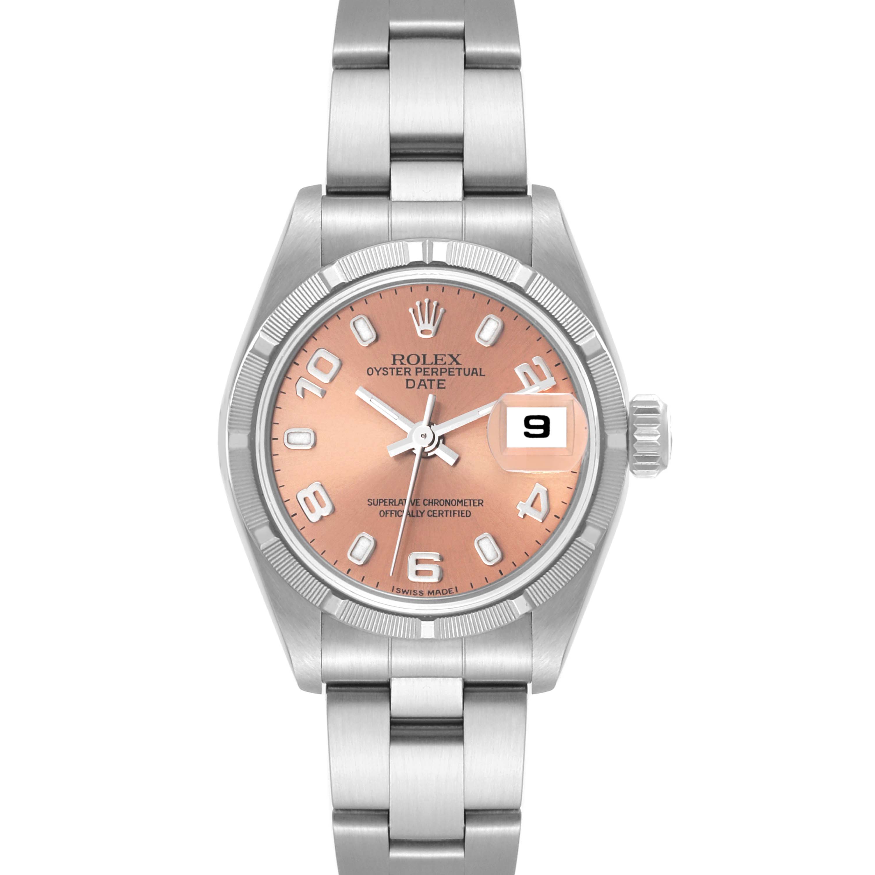 The Rolex Date 79190 Women's Stainless Steel Pink Dial 79190 Women's Stainless Steel Pink Dial model watch is shown from a front angle, highlighting its dial, bracelet, bezel, and date window.