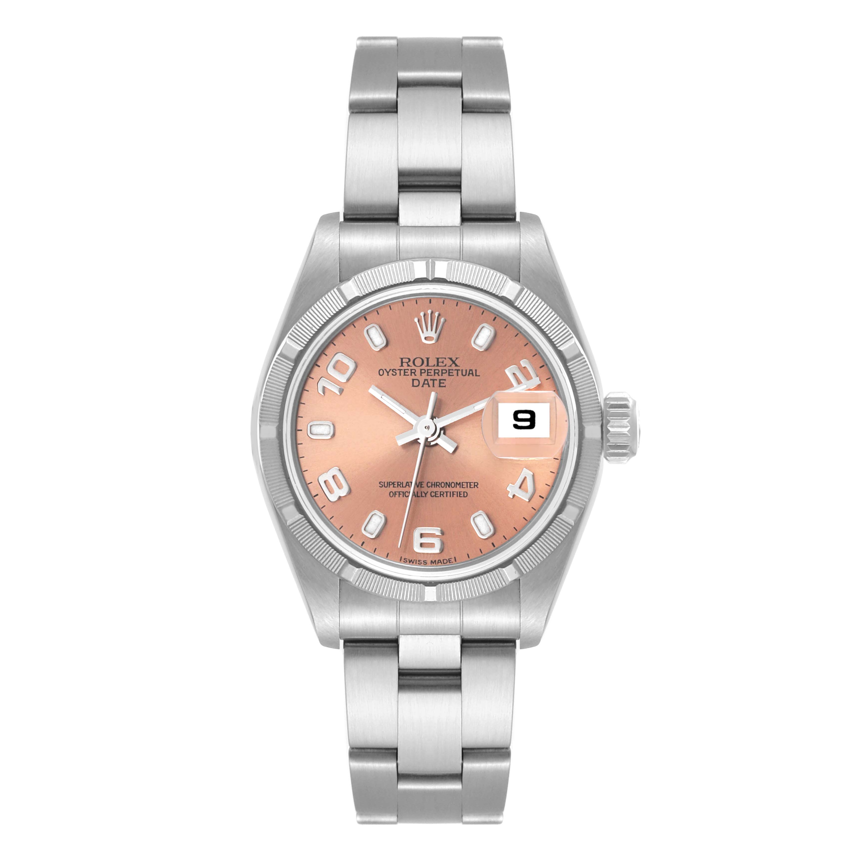 This image shows a front view of a Rolex Oyster Perpetual Date watch with a pink dial and stainless steel bracelet.