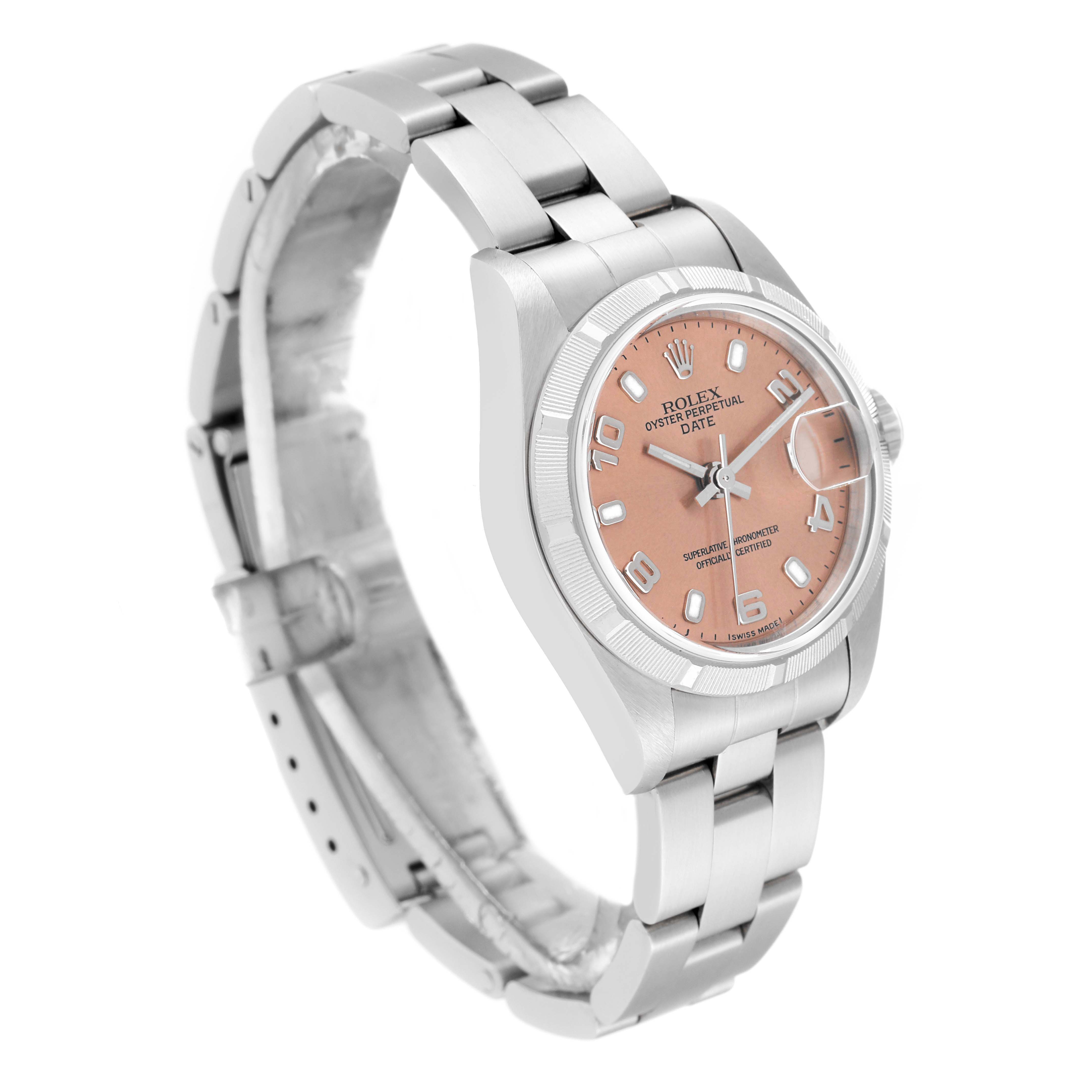 The image shows a Rolex Date 79190 Women's Stainless Steel Pink Dial 79190 Women's Stainless Steel Pink Dial model watch at a three-quarter angle, highlighting the face, case, and bracelet.
