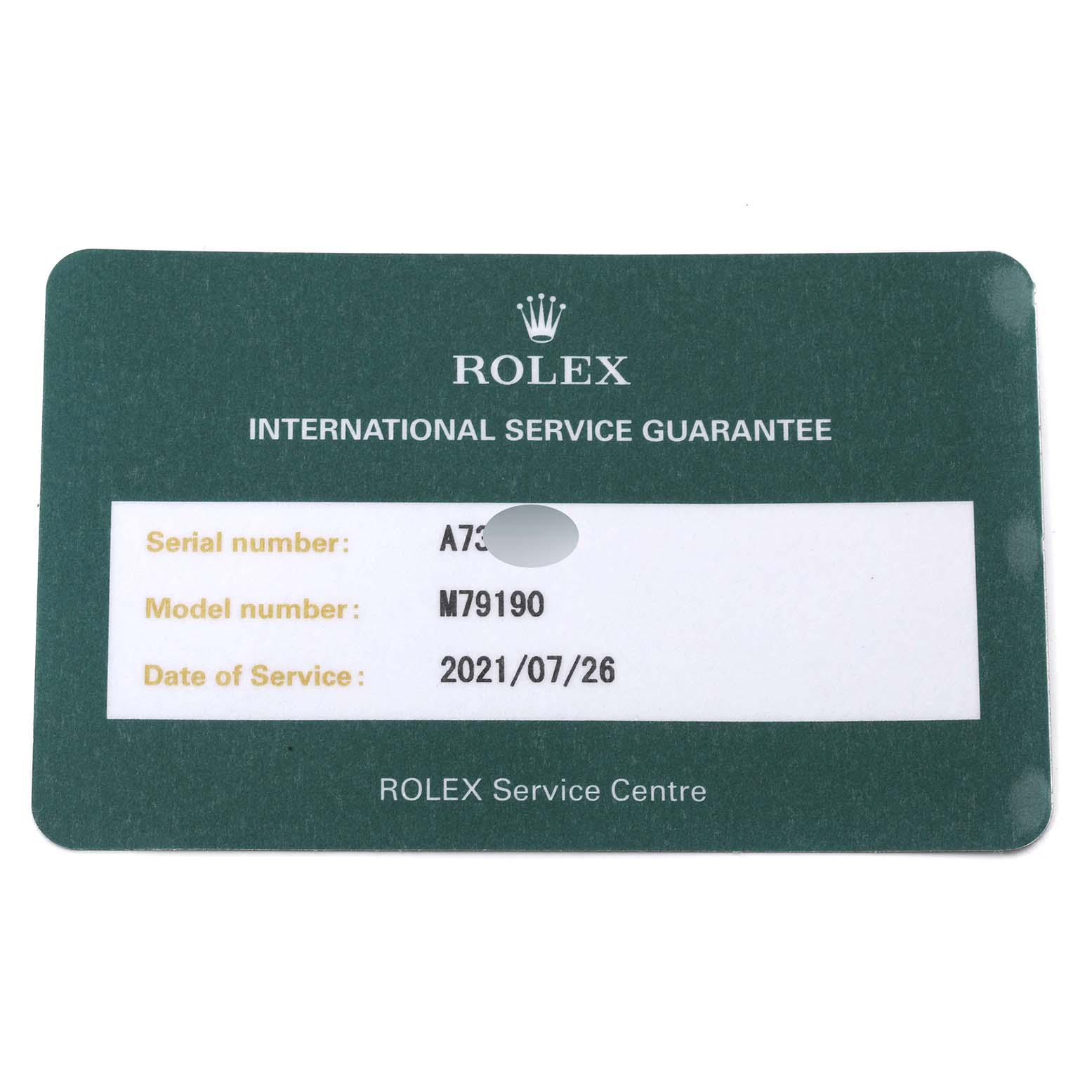 The image shows an International Service Guarantee card for a Rolex Date 79190 Women's Stainless Steel Pink Dial 79190 Women's Stainless Steel Pink Dial model.