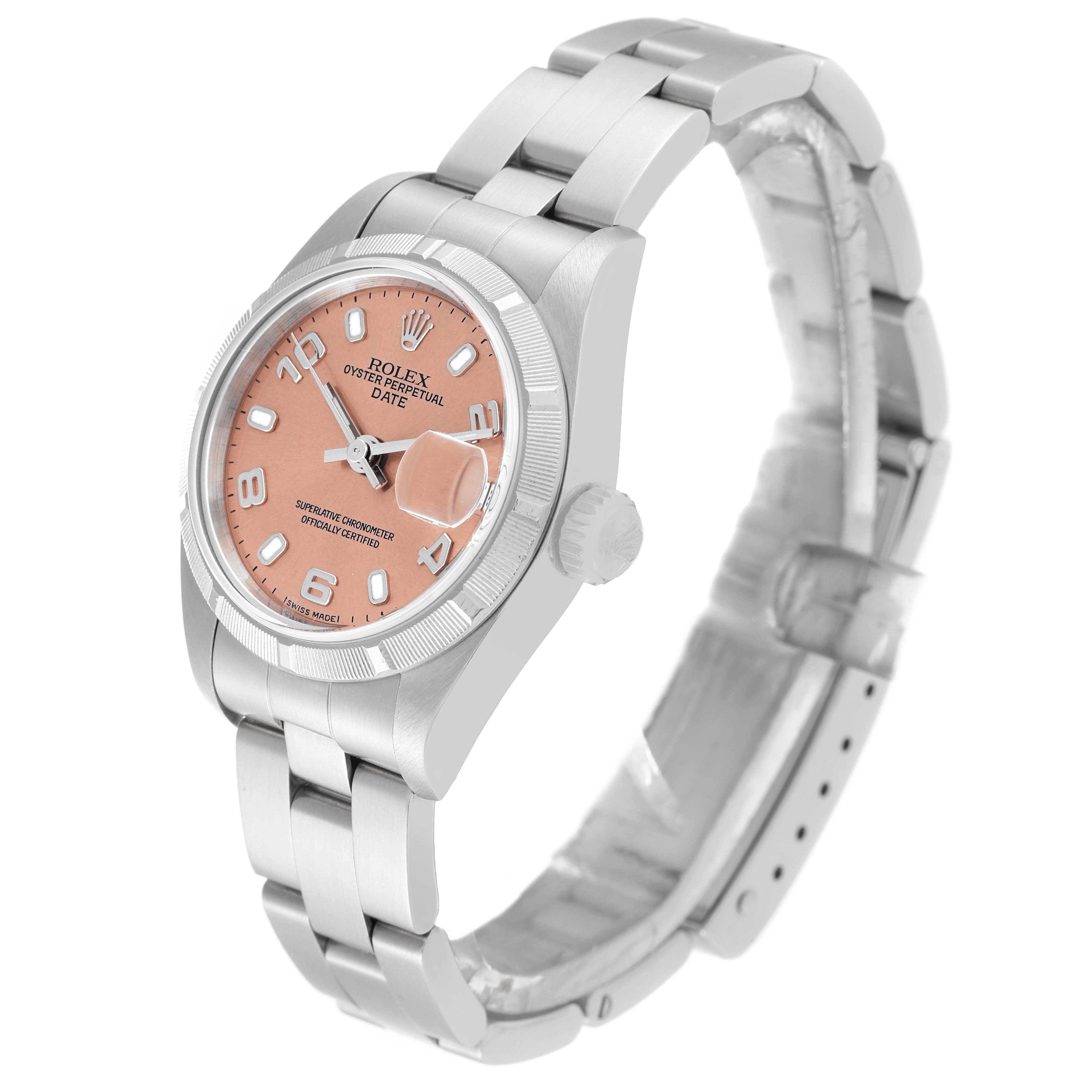 The image shows a Rolex Date 79190 Women's Stainless Steel Pink Dial 79190 Women's Stainless Steel Pink Dial model watch at an angled side view, highlighting the face, bezel, case, and bracelet.