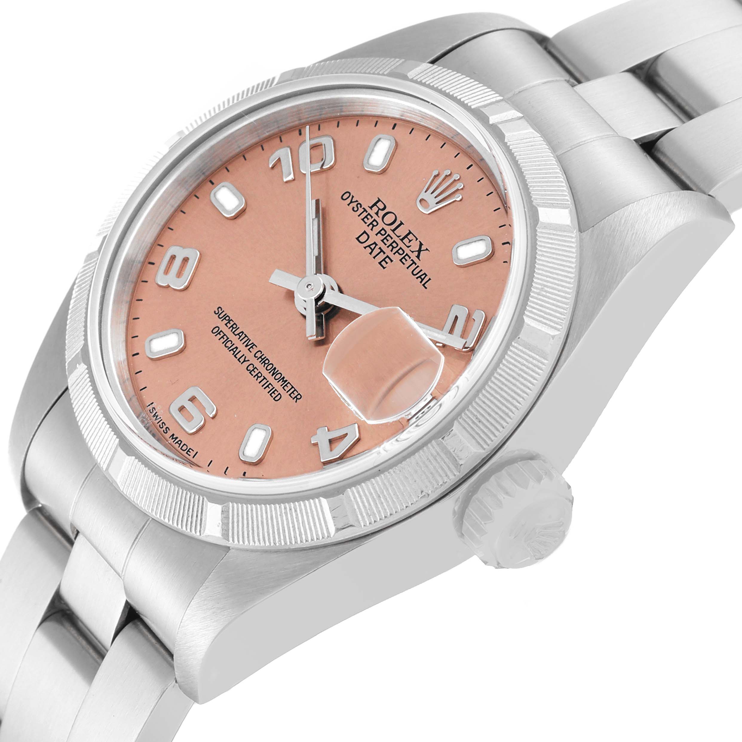 The image shows a side-angle view of a Rolex Date 79190 Women's Stainless Steel Pink Dial 79190 Women's Stainless Steel Pink Dial model watch, highlighting the dial, bezel, crown, and bracelet.
