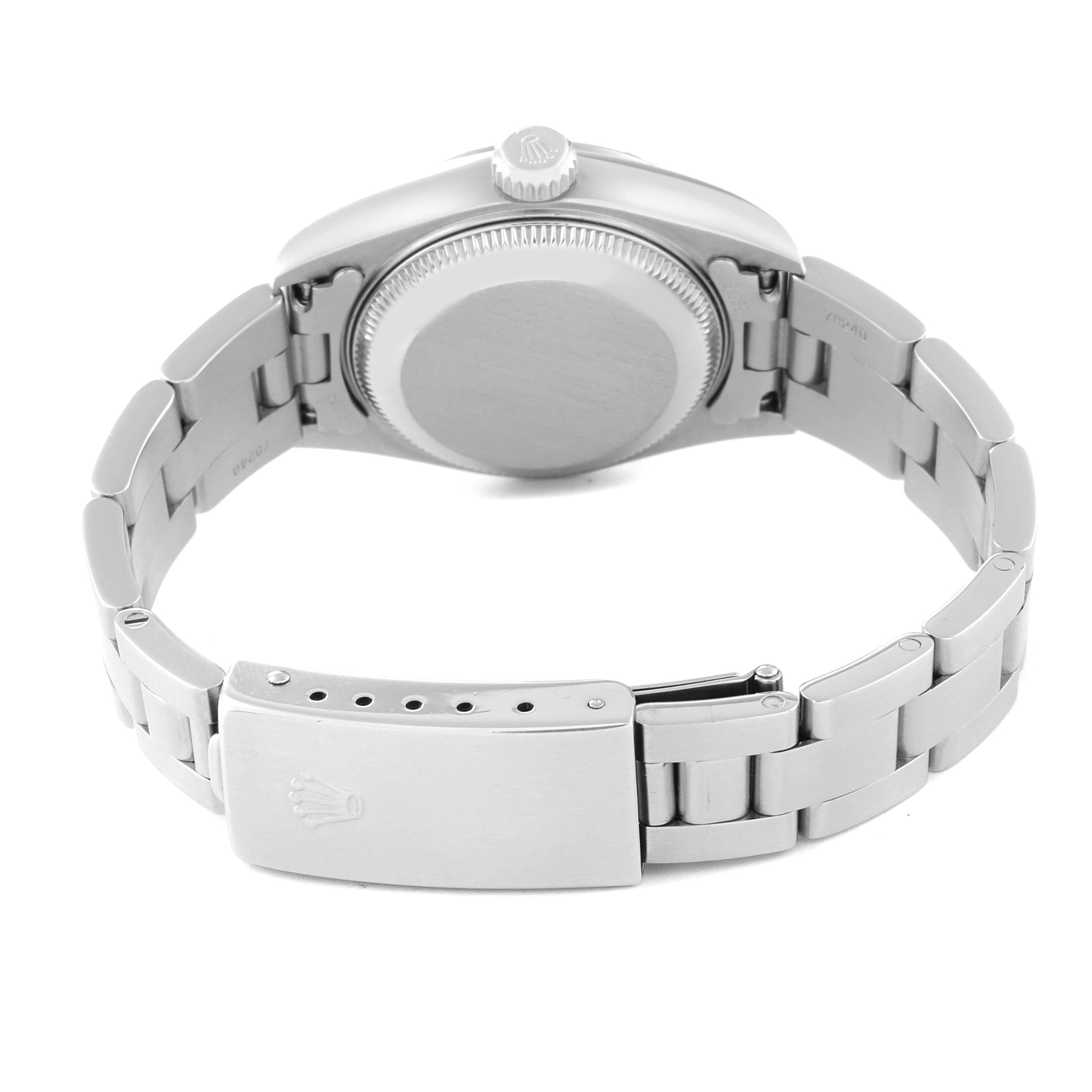 This is a rear view of the Rolex Date 79190 Women's Stainless Steel Pink Dial 79190 Women's Stainless Steel Pink Dial model, showing the case back, bracelet, and clasp.