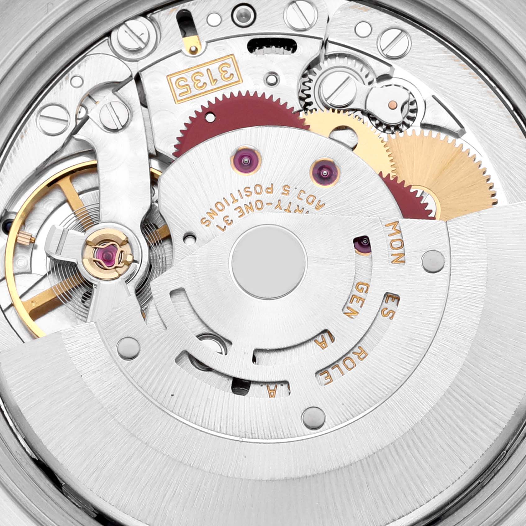 The image shows the movement of a Rolex Date 15223 Men
s Steel and Gold (two tone) Blue Dial 15223 Men
s Steel and Gold (two tone) Blue Dial model with visible gears and intricate mechanical components.