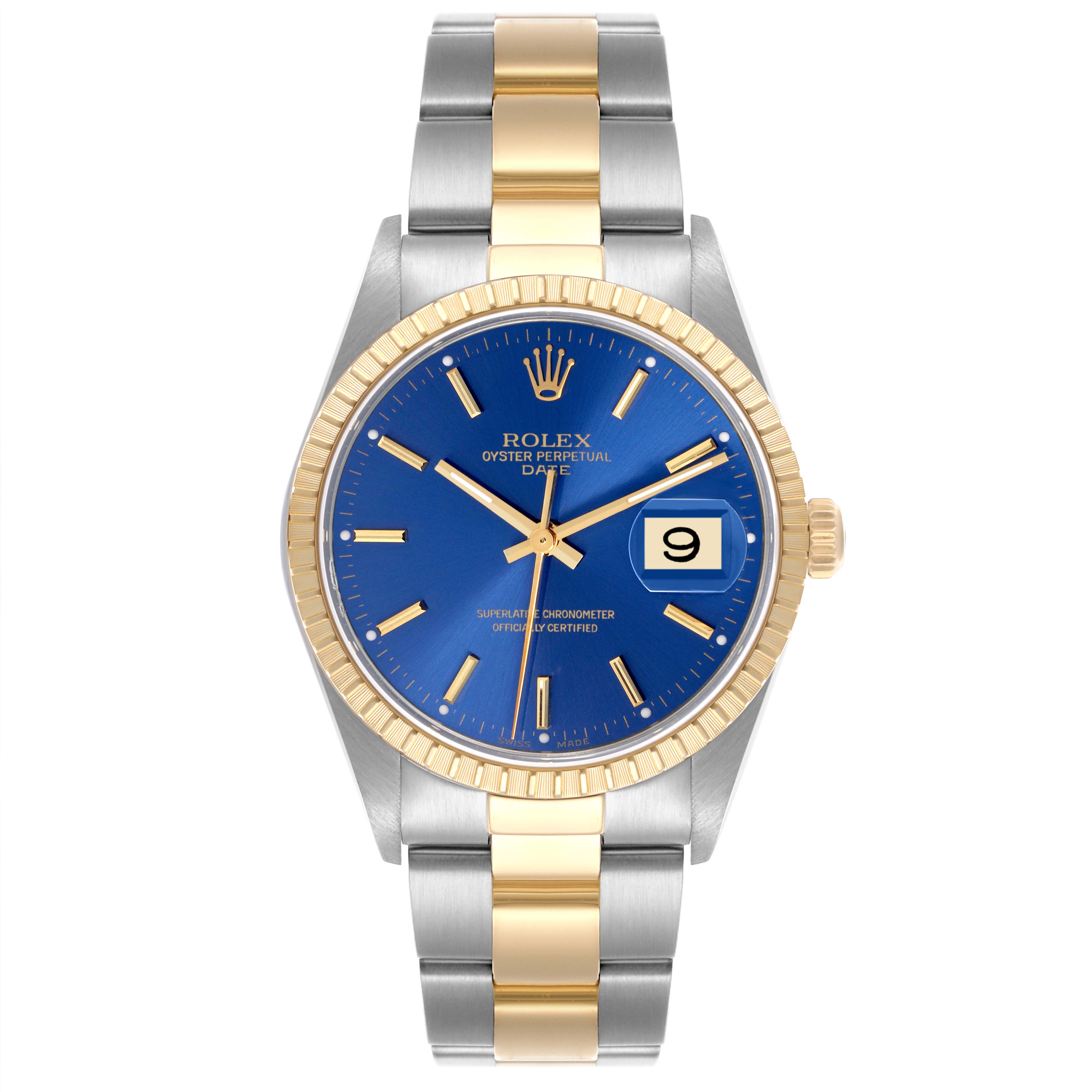 The Rolex Date 15223 Men
s Steel and Gold (two tone) Blue Dial 15223 Men
s Steel and Gold (two tone) Blue Dial watch is shown from the front, displaying the blue dial, fluted bezel, and two-tone bracelet.