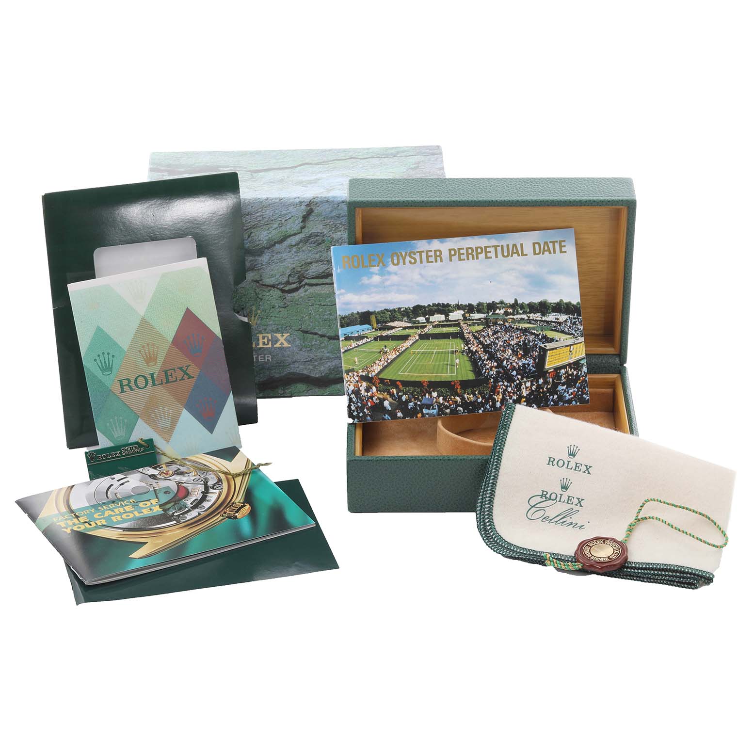 The image shows Rolex Date 15223 Men
s Steel and Gold (two tone) Blue Dial 15223 Men
s Steel and Gold (two tone) Blue Dial watch accessories including a box, booklets, and tags from a top angle.