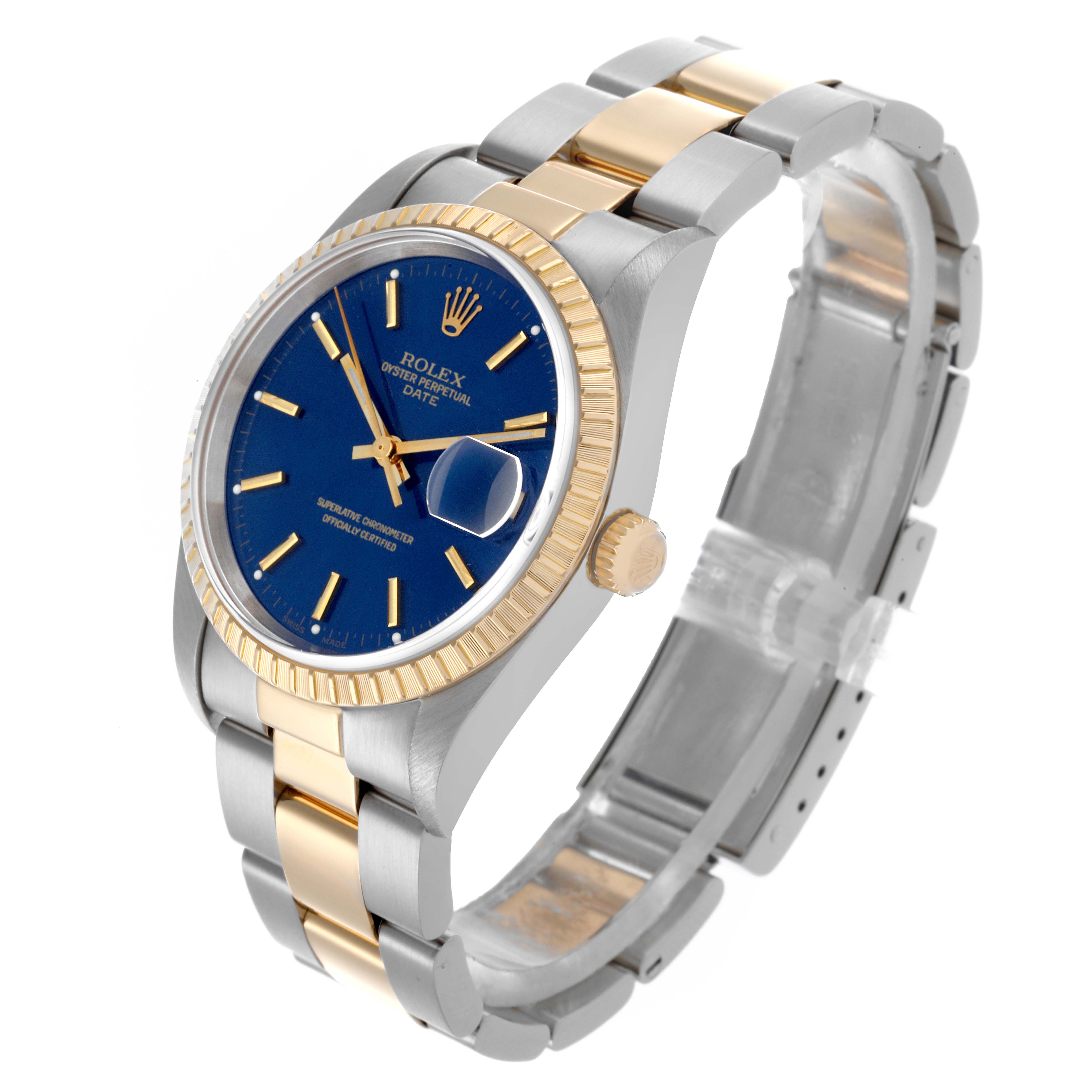 The Rolex Date 15223 Men
s Steel and Gold (two tone) Blue Dial 15223 Men
s Steel and Gold (two tone) Blue Dial model is shown at an angled view, highlighting the blue dial, fluted bezel, and two-tone bracelet.