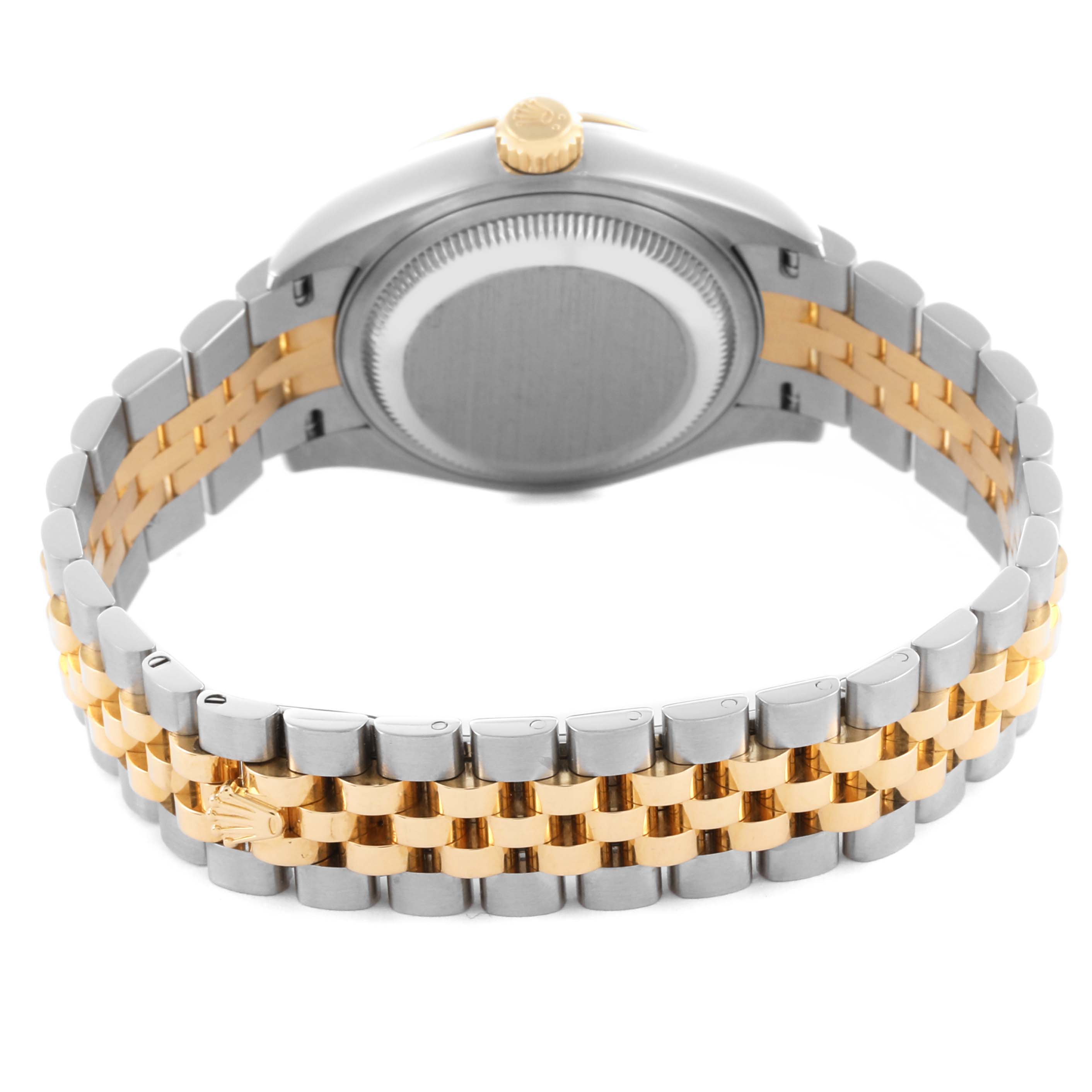 The Rolex Datejust 279173 Women's Steel and Gold (two tone) Silver Dial 279173 Women's Steel and Gold (two tone) Silver Dial watch is shown from the back, highlighting the case back and two-tone bracelet.