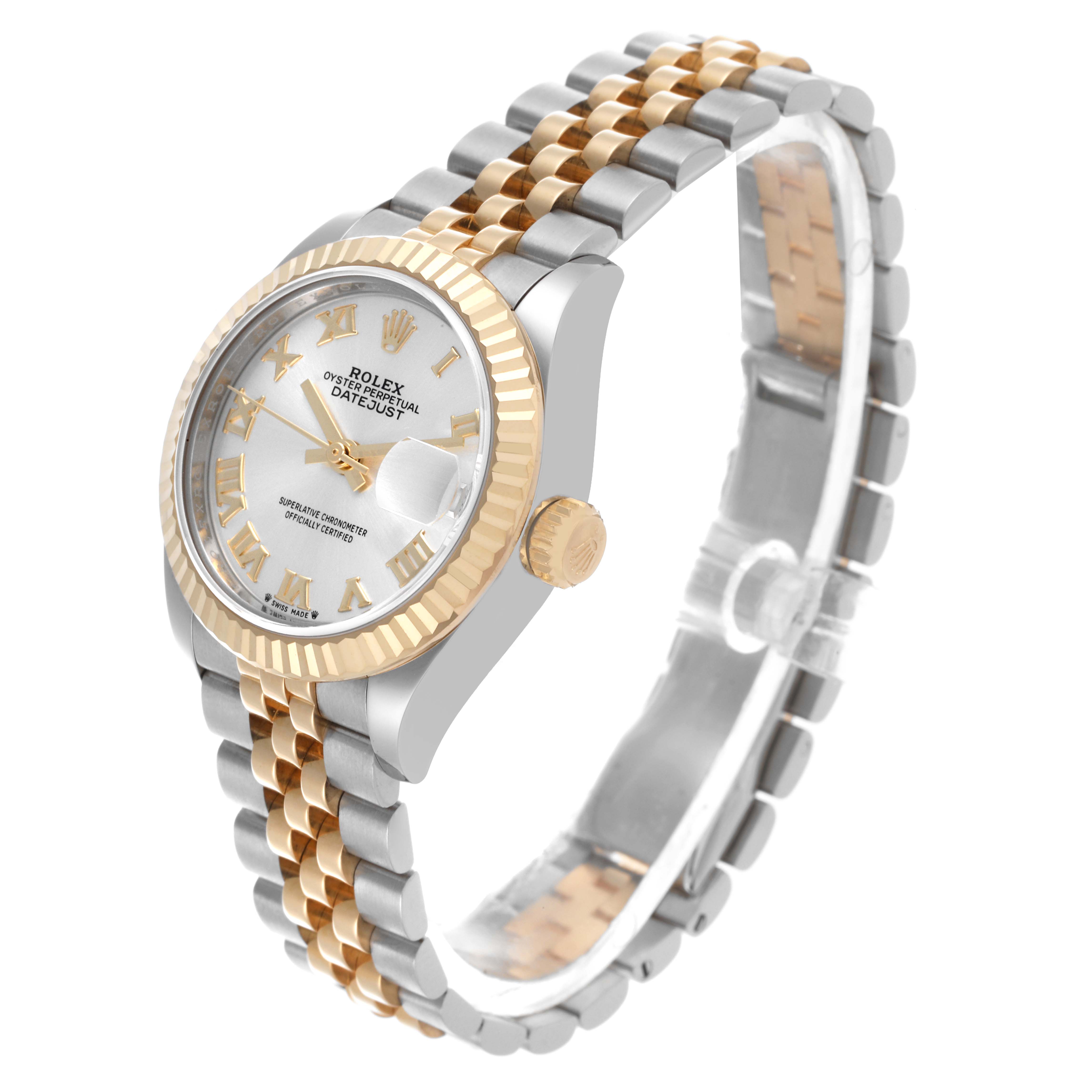 The Rolex Datejust 279173 Women's Steel and Gold (two tone) Silver Dial 279173 Women's Steel and Gold (two tone) Silver Dial is shown at an angled side view, displaying the face, crown, and two-tone bracelet.