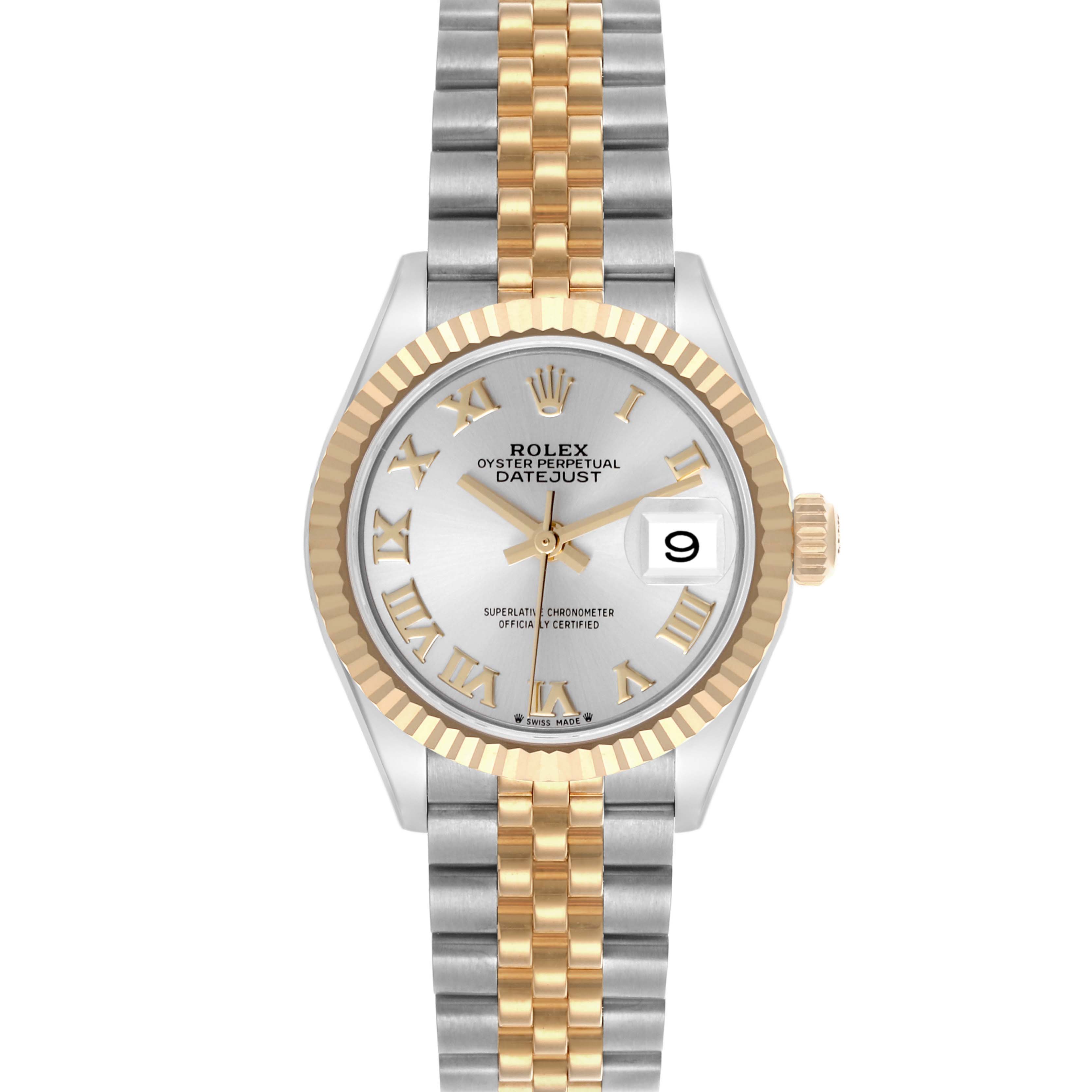 The Rolex Datejust 279173 Women's Steel and Gold (two tone) Silver Dial 279173 Women's Steel and Gold (two tone) Silver Dial watch is shown from the front, displaying the dial, bezel, bracelet, and crown.