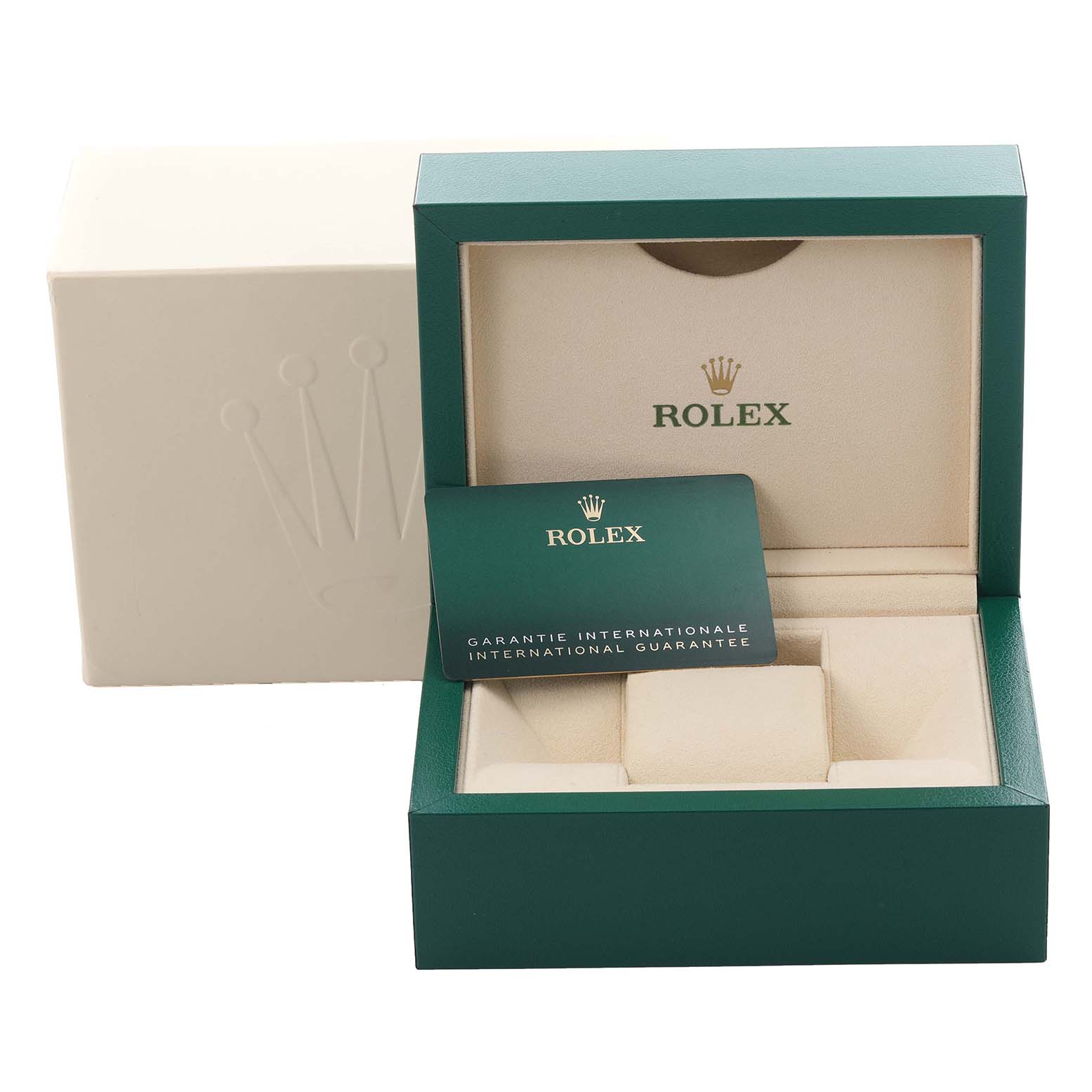 The image shows a Rolex Datejust 279173 Women's Steel and Gold (two tone) Silver Dial 279173 Women's Steel and Gold (two tone) Silver Dial watch box and international guarantee card from a front angle.