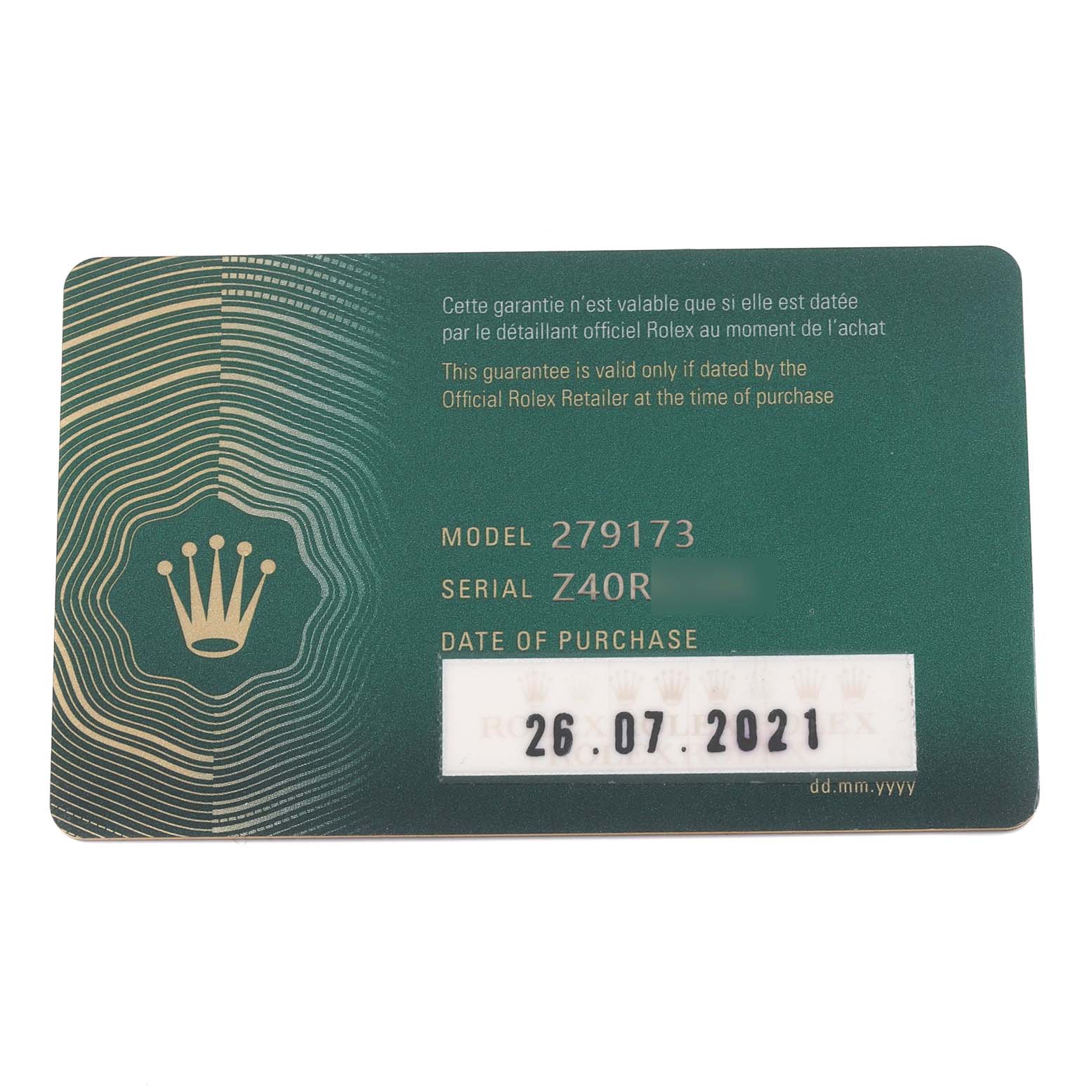 The image shows a Rolex Datejust 279173 Women's Steel and Gold (two tone) Silver Dial 279173 Women's Steel and Gold (two tone) Silver Dial model guarantee card with model, serial number, and purchase date details.