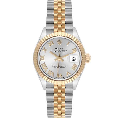 The Rolex Datejust watch is shown from a front angle, displaying its dial, case, bezel, and two-tone bracelet.