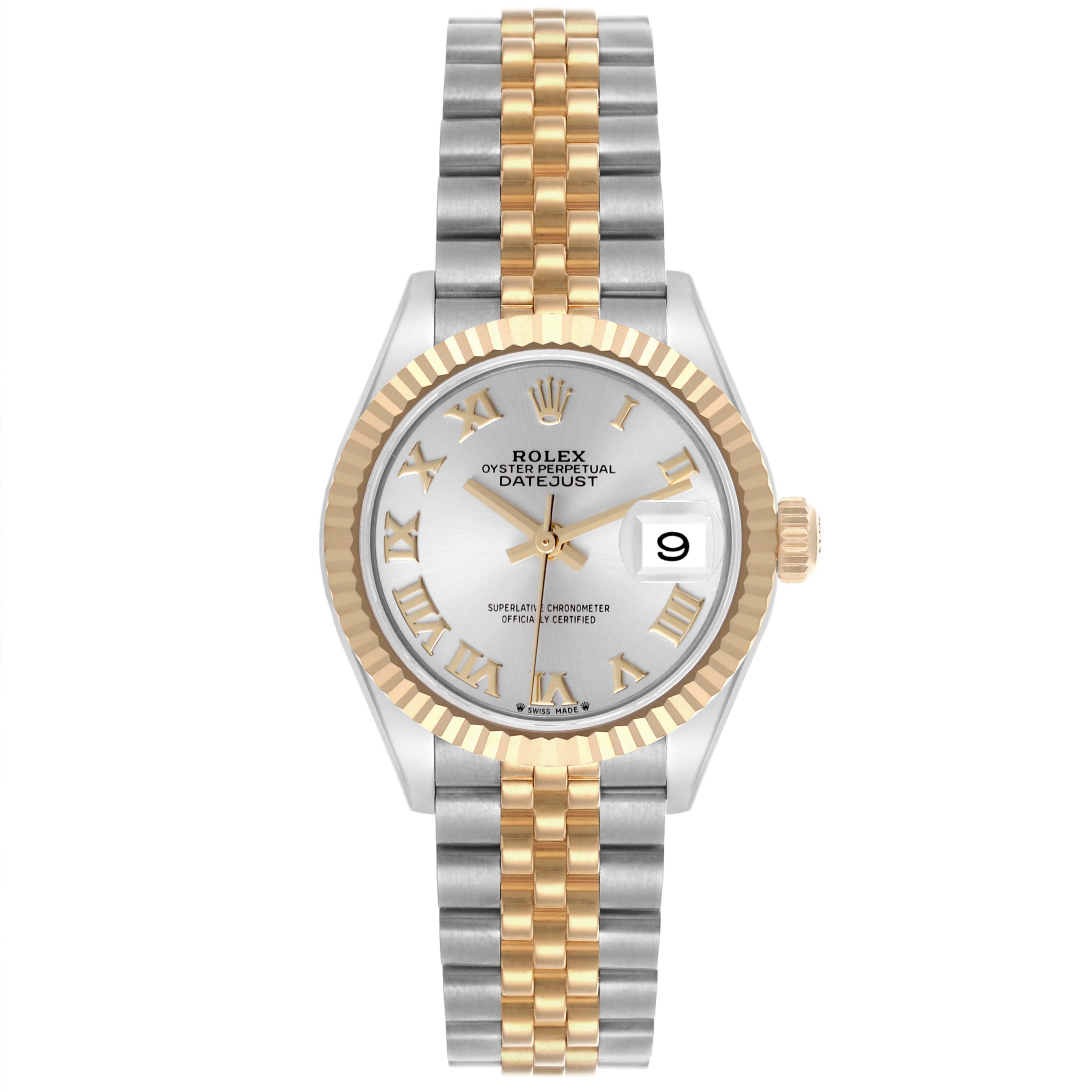 The Rolex Datejust 279173 Women's Steel and Gold (two tone) Silver Dial 279173 Women's Steel and Gold (two tone) Silver Dial watch is shown front-on, highlighting the dial, bezel, bracelet, and date window.