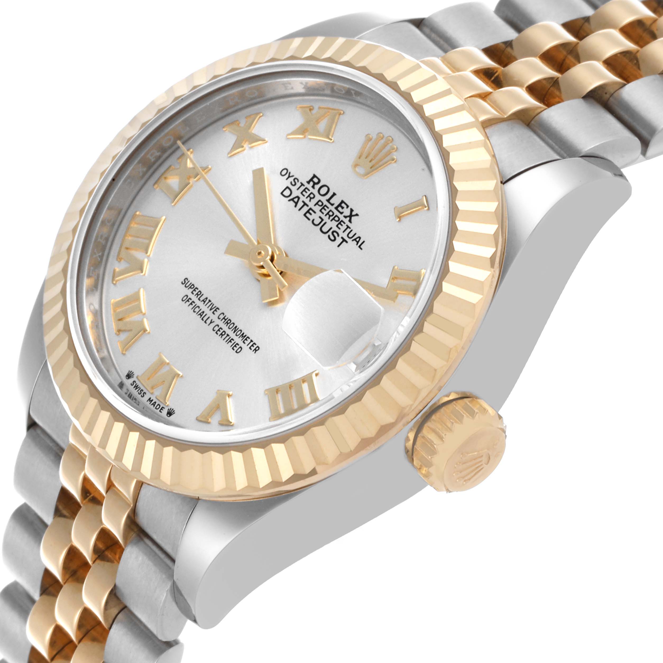 The image shows a side profile angle of the Rolex Datejust 279173 Women's Steel and Gold (two tone) Silver Dial 279173 Women's Steel and Gold (two tone) Silver Dial, highlighting the bezel, crown, and part of the bracelet.