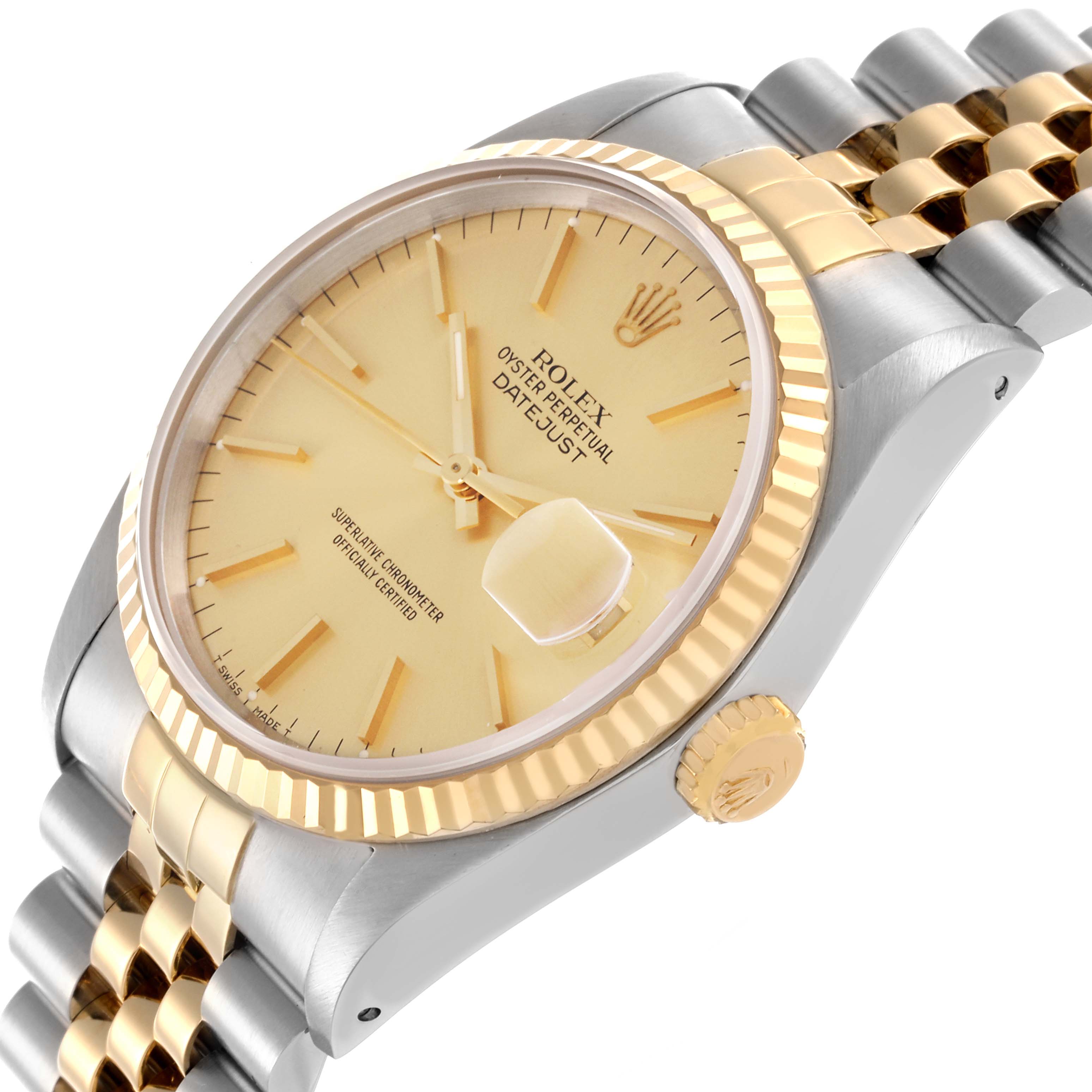 The image shows a Rolex Datejust 16233 Men
s Steel and Gold (two tone) Champagne Dial 16233 Men
s Steel and Gold (two tone) Champagne Dial watch from a side angle, highlighting the dial, bezel, crown, and bracelet.
