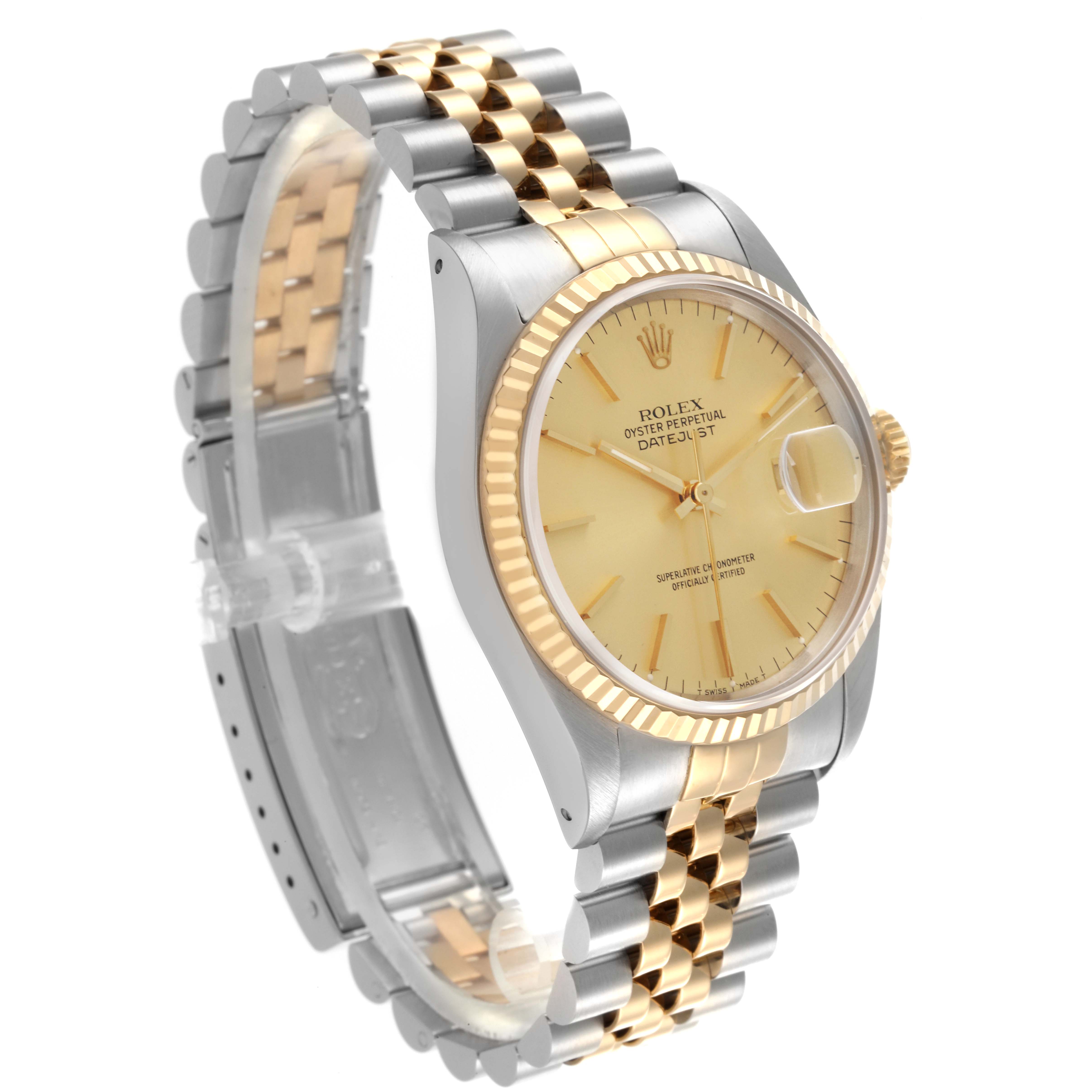 The Rolex Datejust 16233 Men
s Steel and Gold (two tone) Champagne Dial 16233 Men
s Steel and Gold (two tone) Champagne Dial is shown at a three-quarter angle, highlighting the face, bezel, crown, and bracelet.