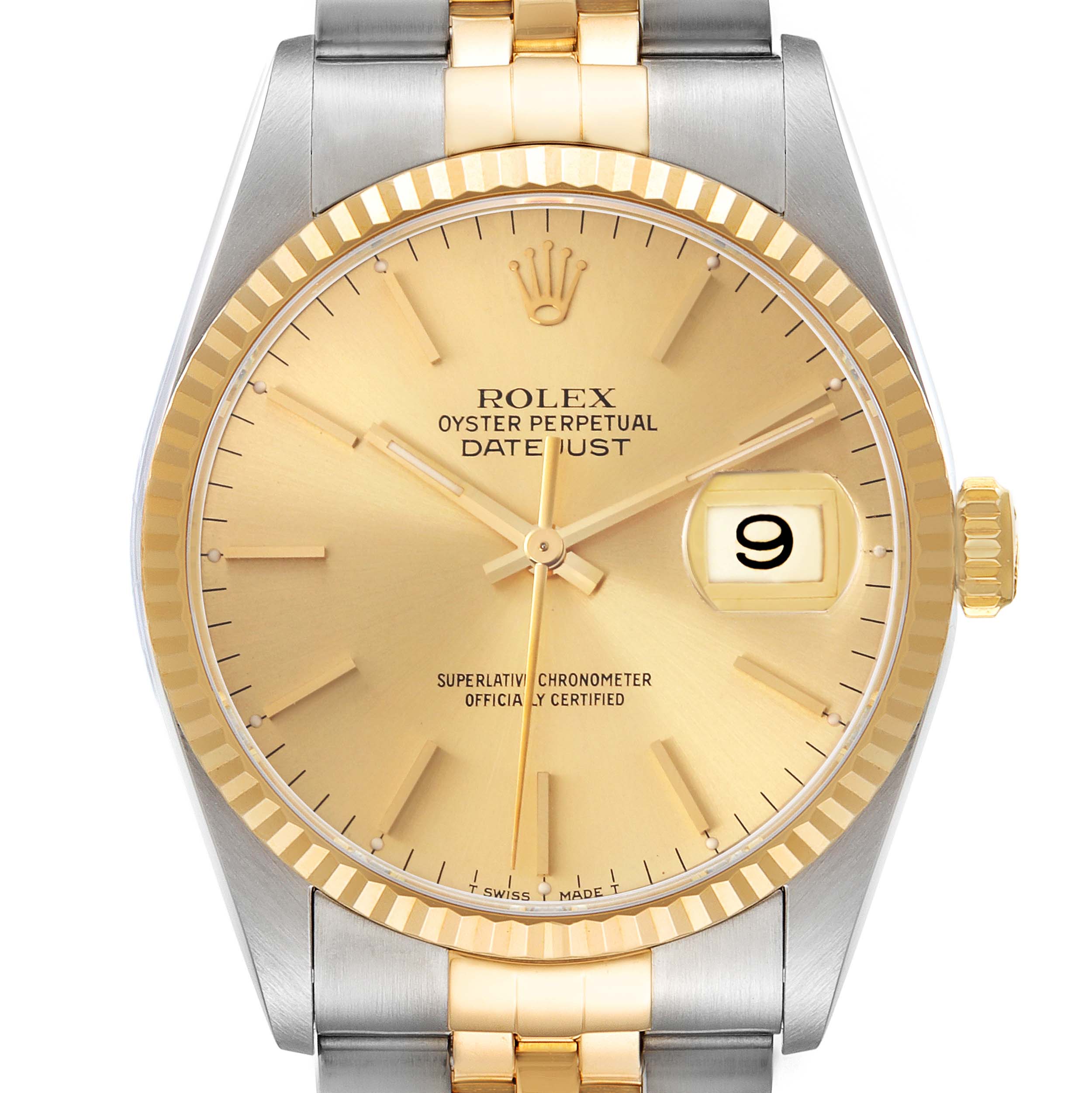 The Rolex Datejust 16233 Men
s Steel and Gold (two tone) Champagne Dial 16233 Men
s Steel and Gold (two tone) Champagne Dial watch is shown from the front, highlighting its gold dial, fluted bezel, and part of the bracelet.