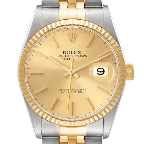 The Rolex Datejust watch is shown from a frontal angle, highlighting the dial, bezel, crown, and part of the bracelet.