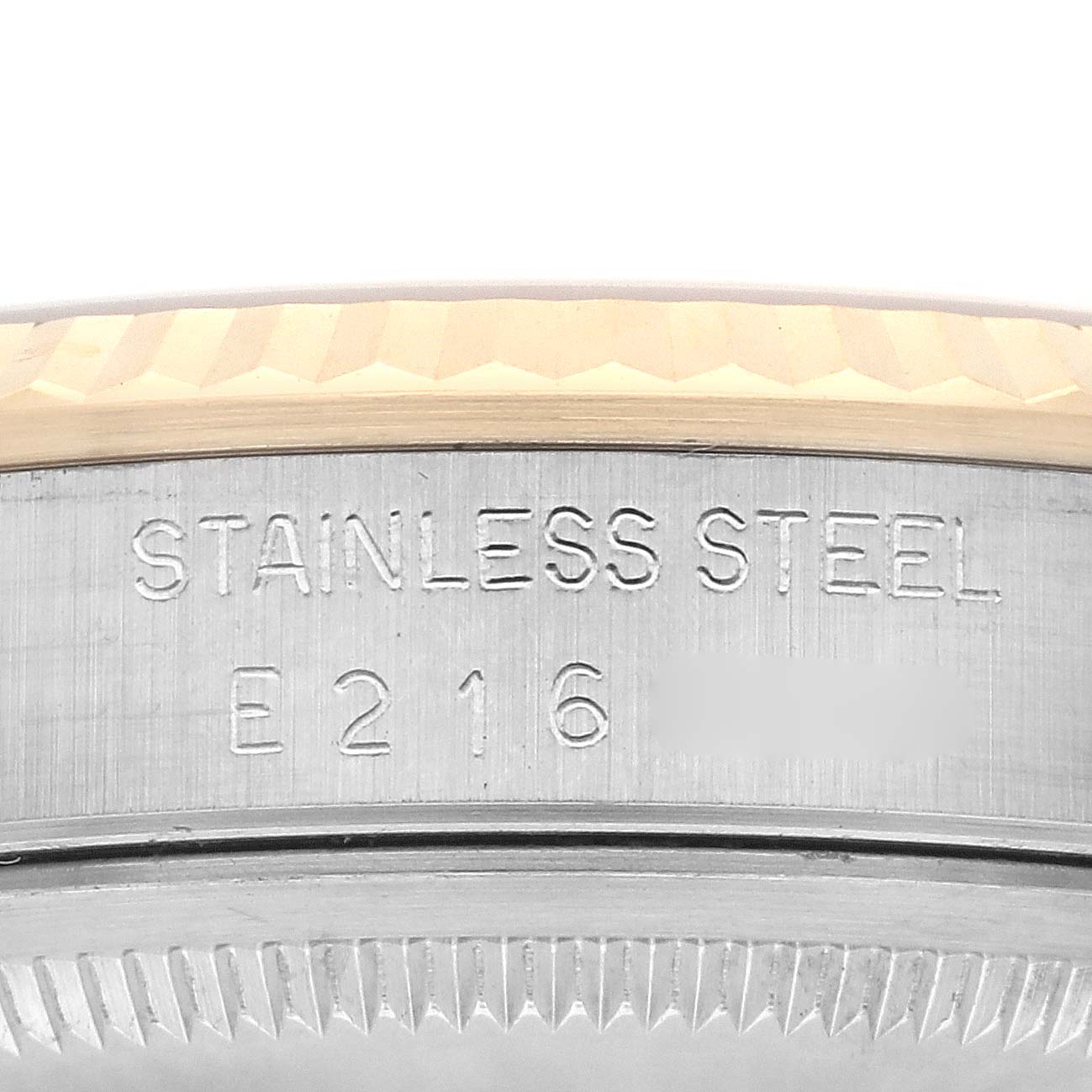 This image shows a close-up of the Rolex Datejust 16233 Men
s Steel and Gold (two tone) Champagne Dial 16233 Men
s Steel and Gold (two tone) Champagne Dial
s stainless steel case edge and bezel detail.