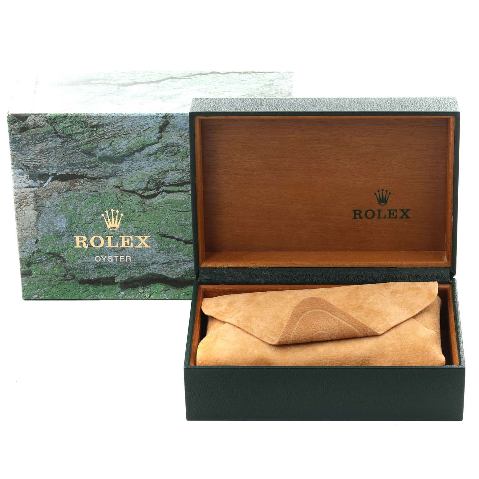 The image shows the Rolex Datejust 16233 Men
s Steel and Gold (two tone) Champagne Dial 16233 Men
s Steel and Gold (two tone) Champagne Dial watch
s box and pouch at a straight-on angle, displaying the brand
s packaging.