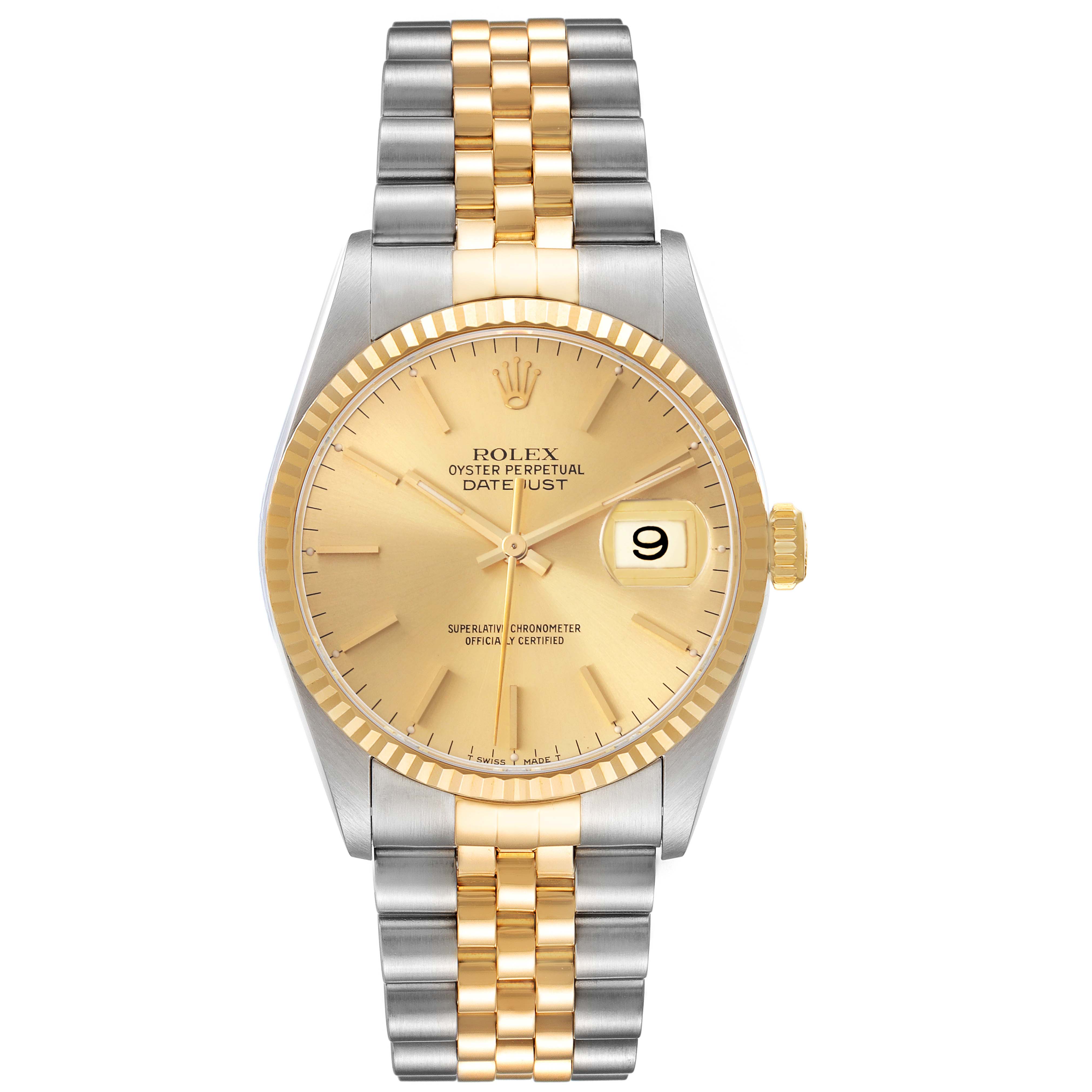 The Rolex Datejust 16233 Men
s Steel and Gold (two tone) Champagne Dial 16233 Men
s Steel and Gold (two tone) Champagne Dial watch is shown from a front angle, displaying the dial, bezel, and two-tone bracelet.