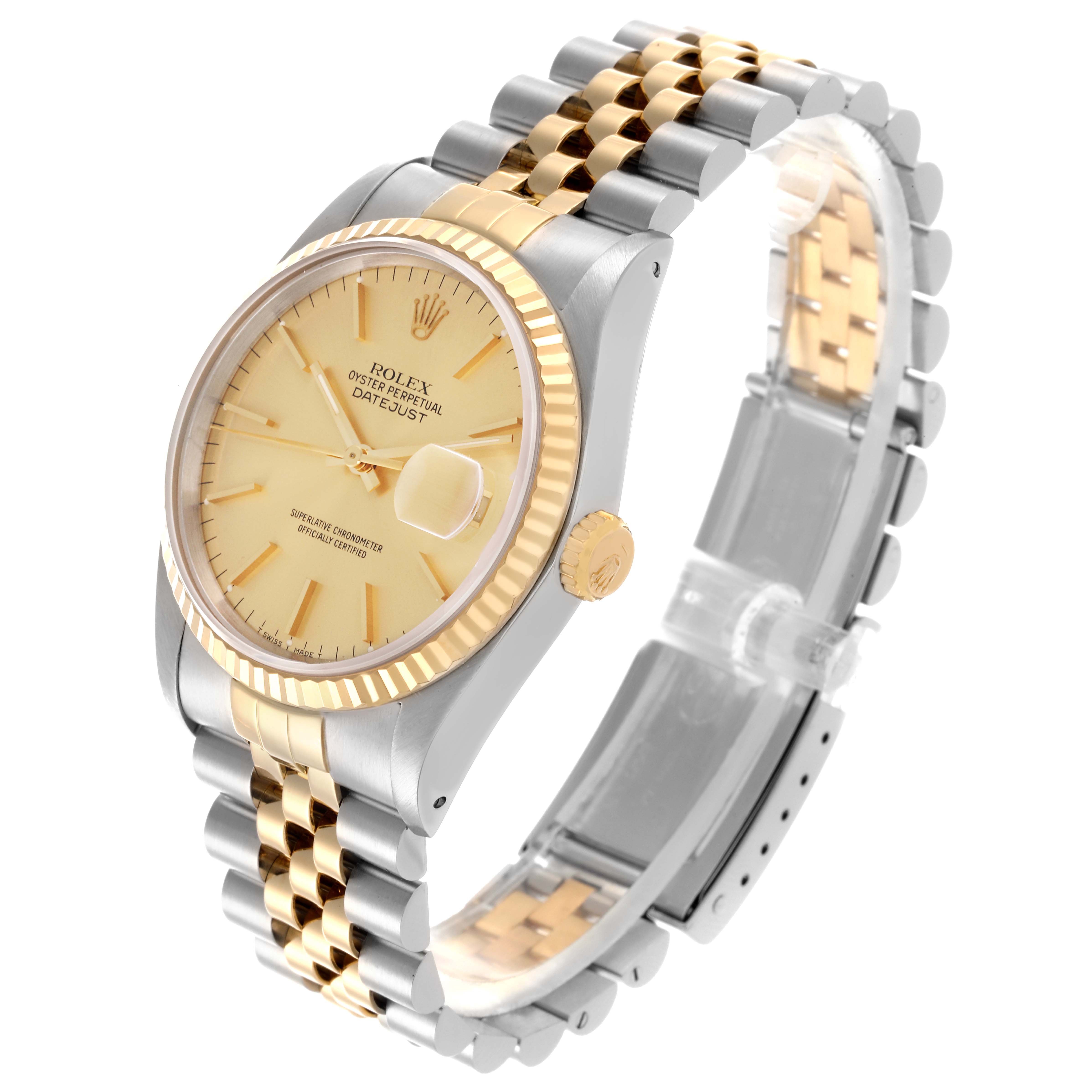 The Rolex Datejust 16233 Men
s Steel and Gold (two tone) Champagne Dial 16233 Men
s Steel and Gold (two tone) Champagne Dial watch is shown at an angled side view, displaying the band, bezel, case, crown, and dial.