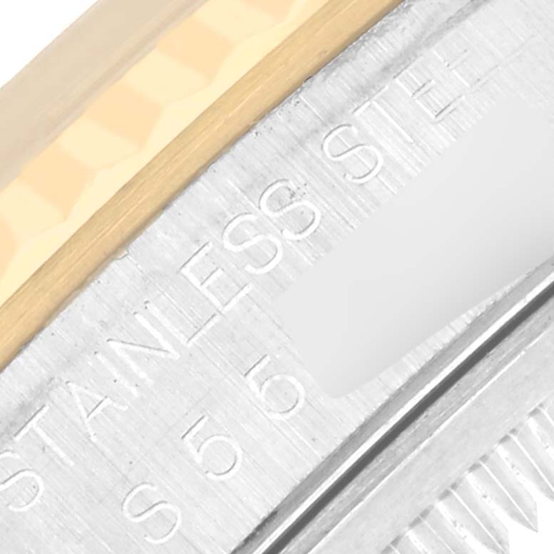 The image shows a close-up of the watch case outer edge, focusing on the metal engraving of the Rolex Datejust 16233 Men's Steel and Gold (two tone) Grey Dial 16233 Men's Steel and Gold (two tone) Grey Dial.