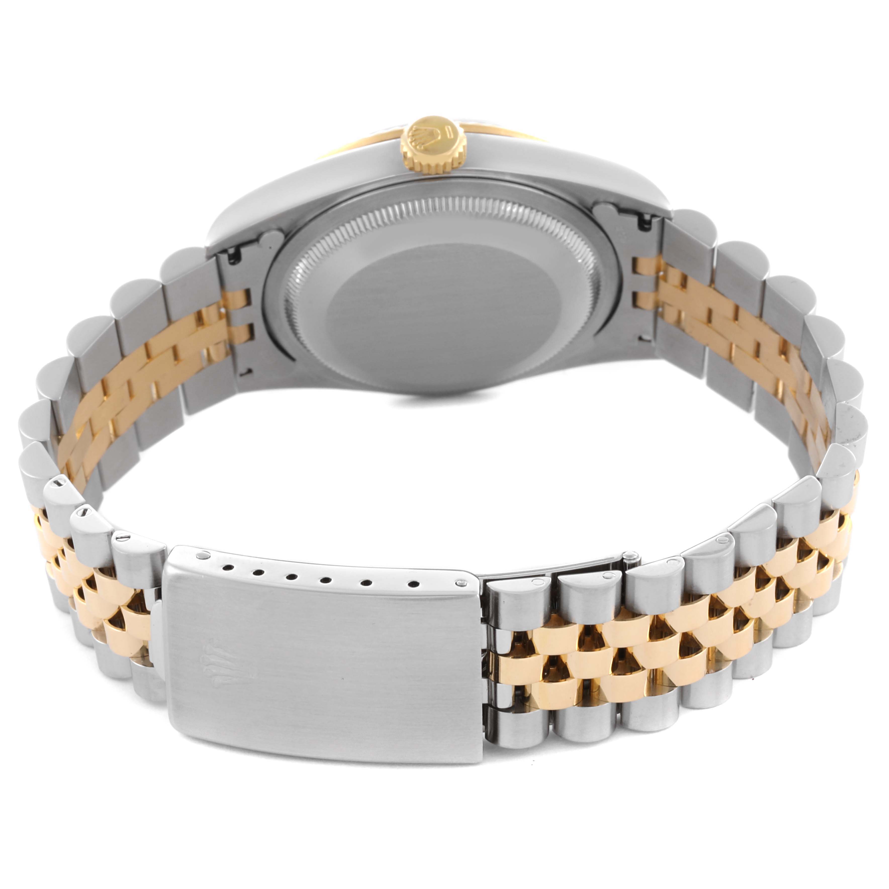 The image shows the Rolex Datejust 16233 Men's Steel and Gold (two tone) Grey Dial 16233 Men's Steel and Gold (two tone) Grey Dial from the back, highlighting the case back, crown, and jubilee bracelet.