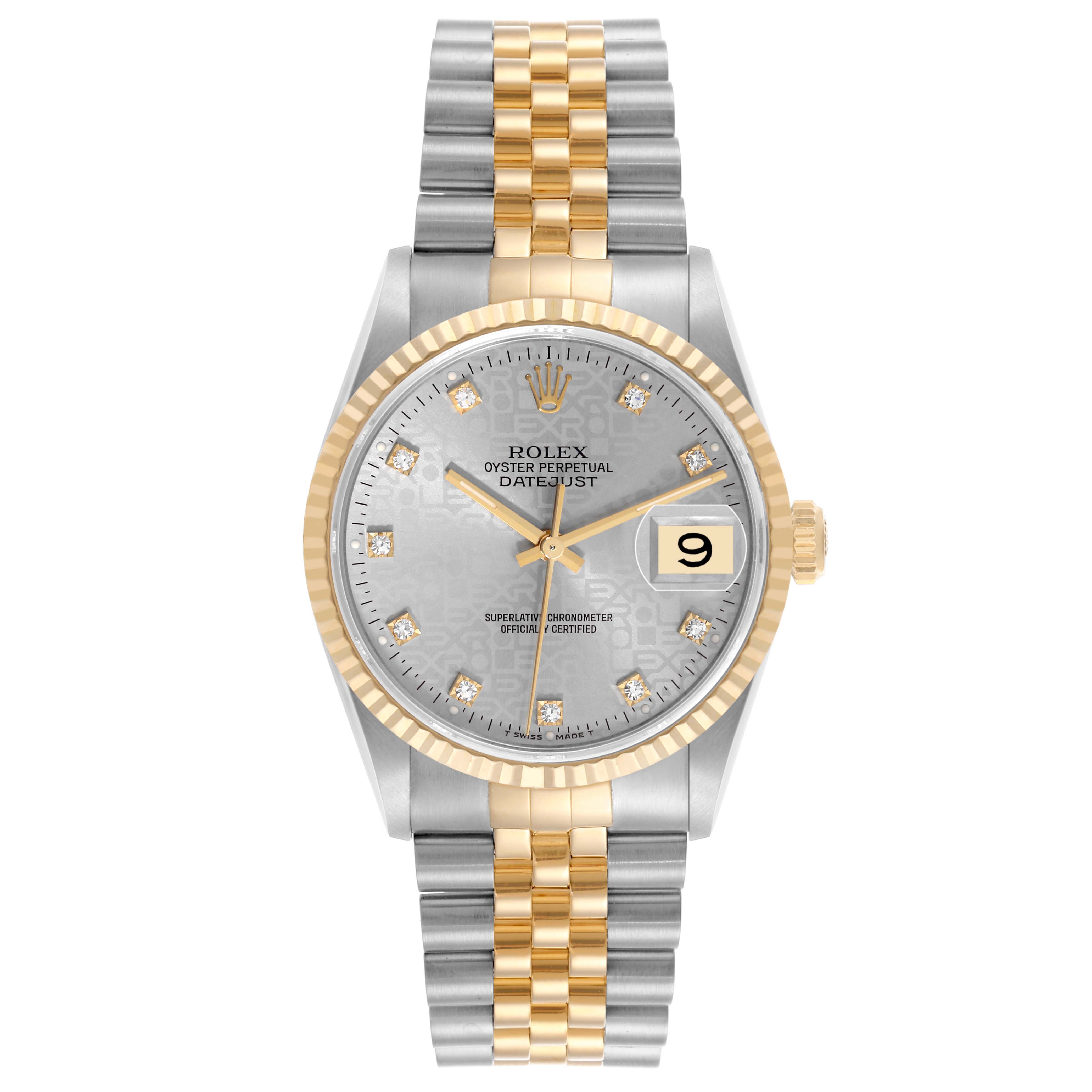The Rolex Datejust 16233 Men's Steel and Gold (two tone) Grey Dial 16233 Men's Steel and Gold (two tone) Grey Dial watch is shown from the front, displaying its dial, bezel, bracelet, and date window.