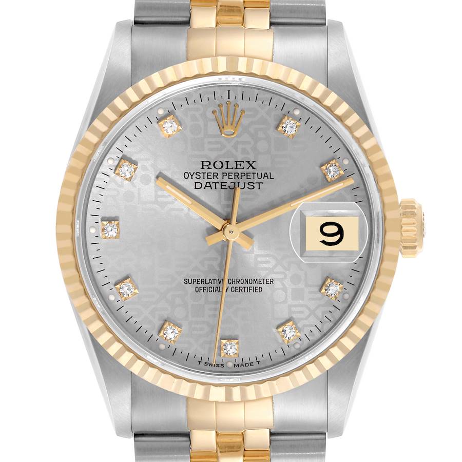 The image shows a frontal view of the Rolex Datejust watch, highlighting its dial, bezel, and bracelet.