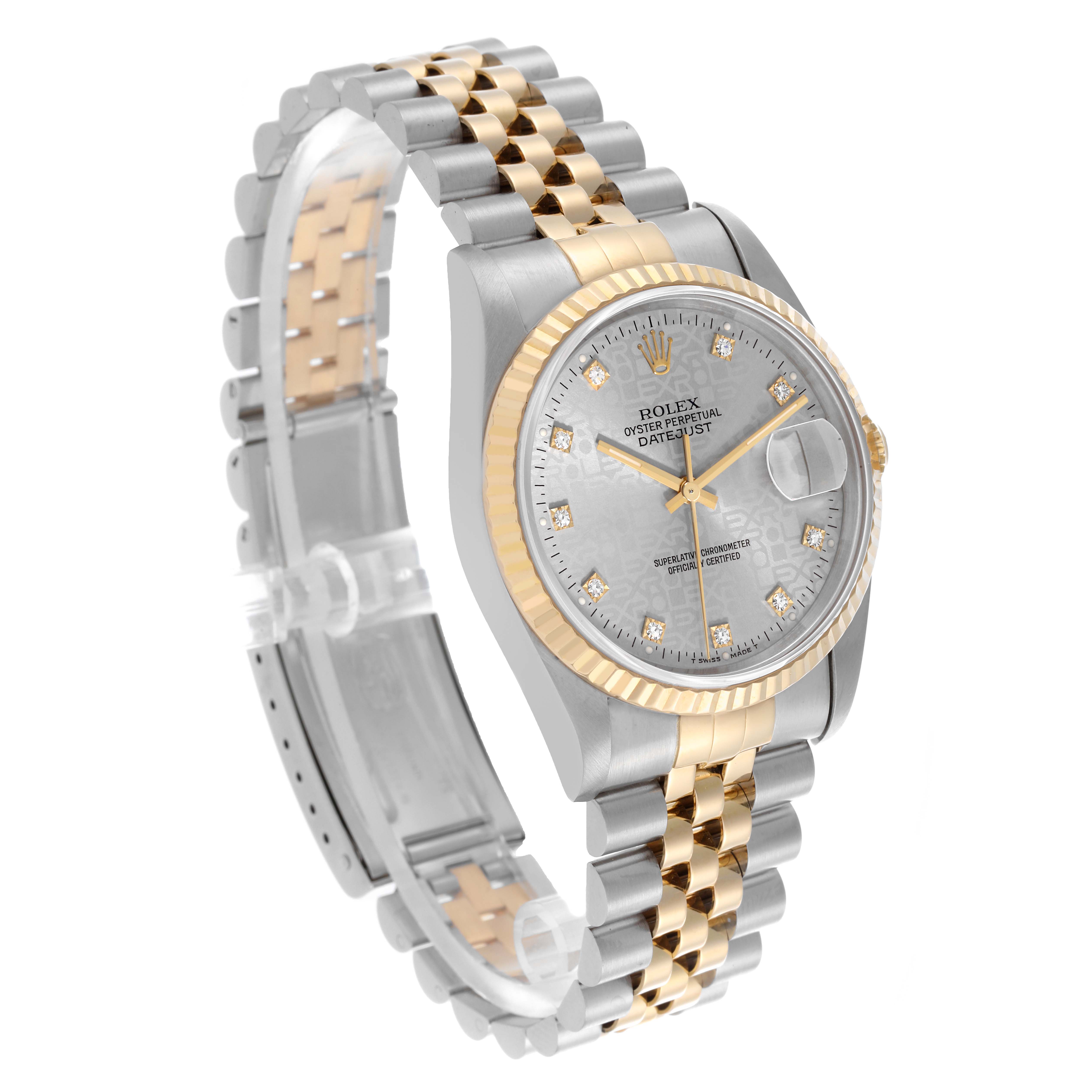 The Rolex Datejust 16233 Men's Steel and Gold (two tone) Grey Dial 16233 Men's Steel and Gold (two tone) Grey Dial is shown at an angle highlighting the face, bezel, crown, and two-tone Jubilee bracelet.