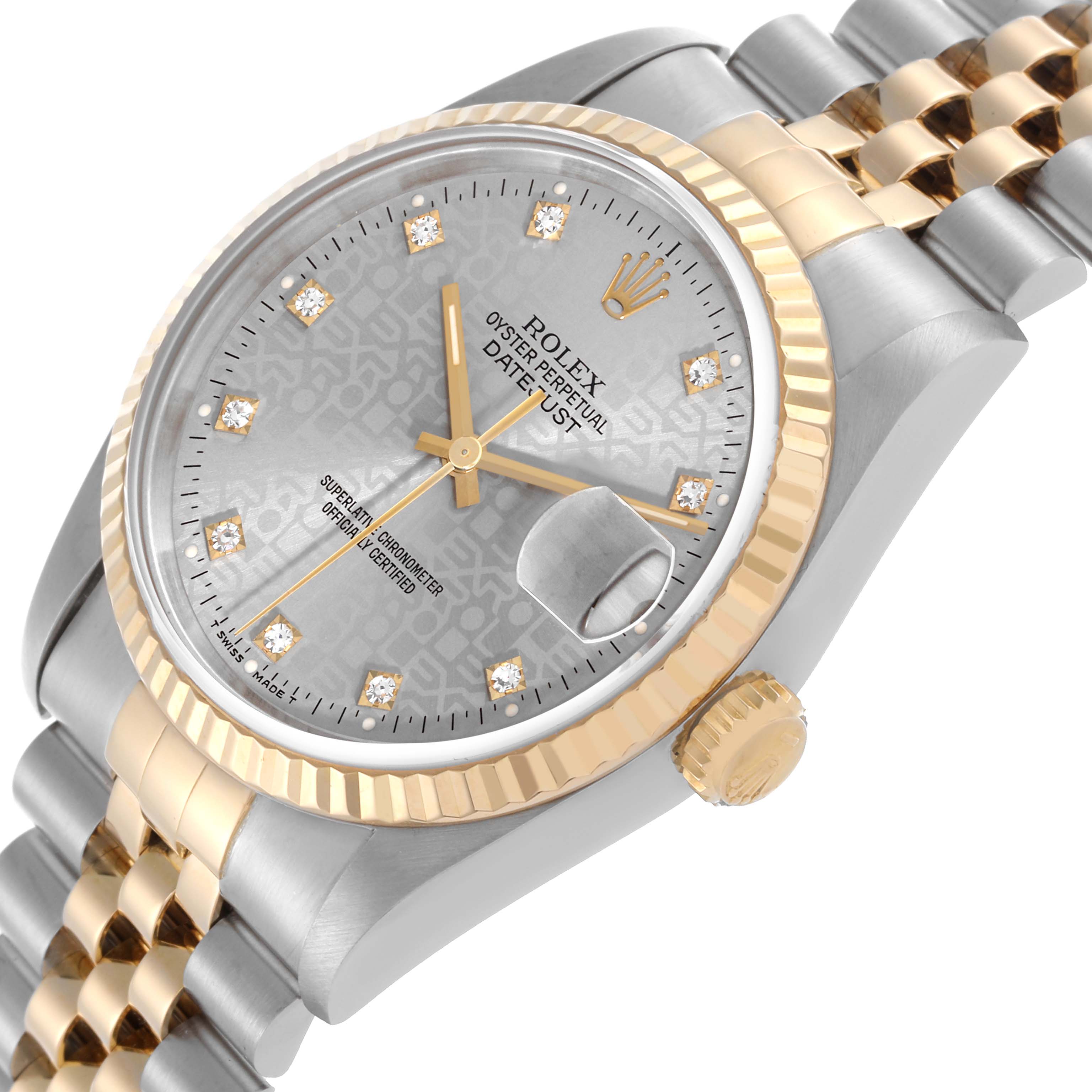 The Rolex Datejust 16233 Men's Steel and Gold (two tone) Grey Dial 16233 Men's Steel and Gold (two tone) Grey Dial watch is shown from an angled view highlighting the dial, bezel, crown, and part of the bracelet.