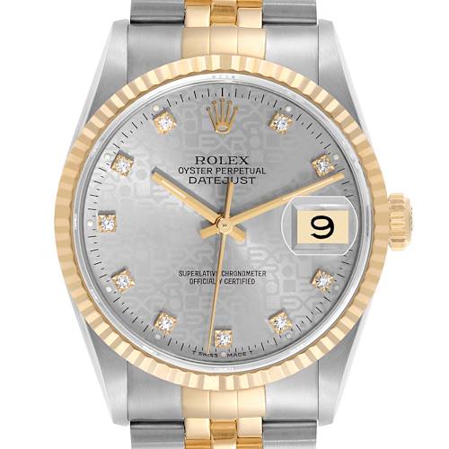 The image shows a frontal view of the Rolex Datejust, highlighting the dial, bezel, and bracelet.