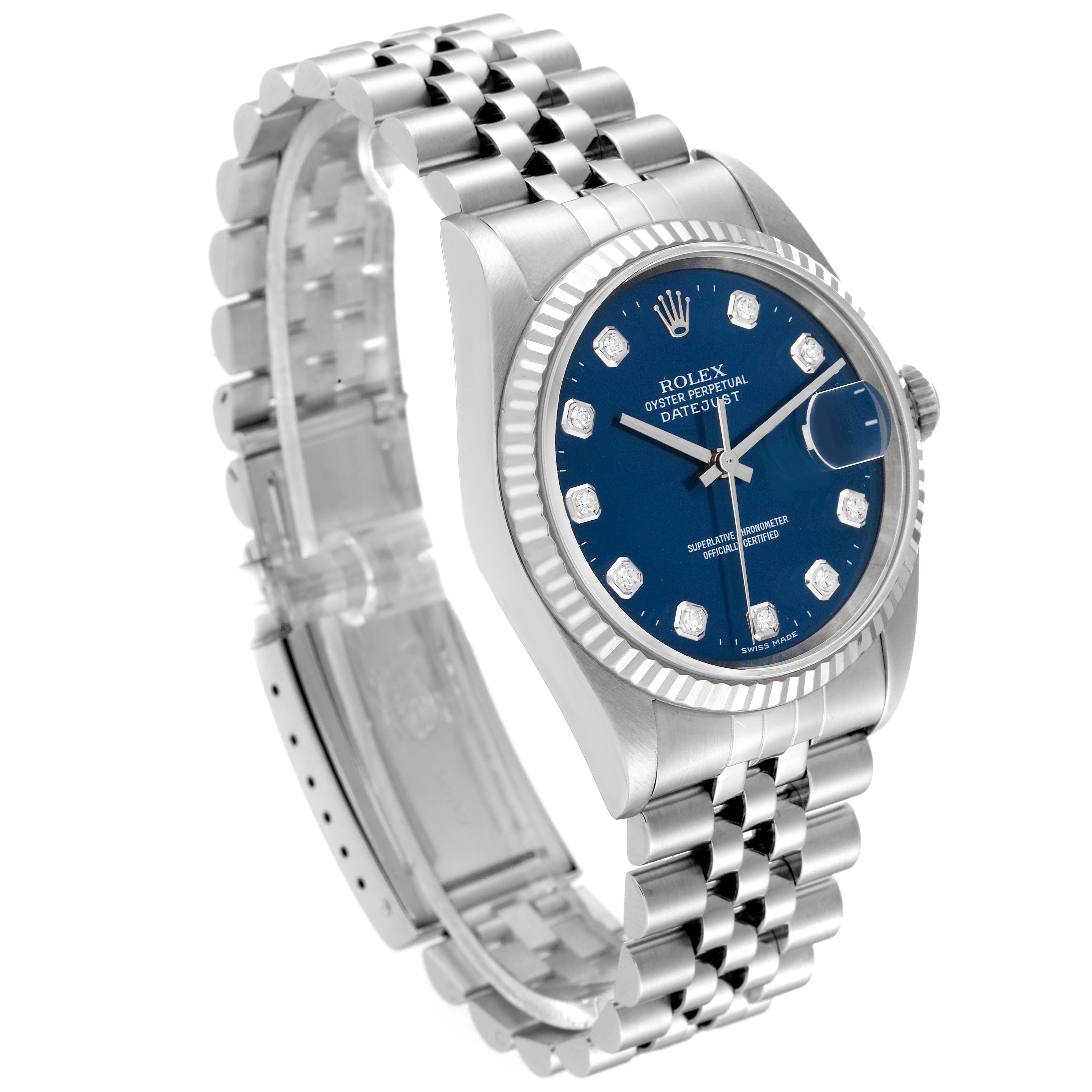 This image shows a Rolex Datejust 16234 Men's Stainless Steel Blue Dial 16234 Men's Stainless Steel Blue Dial watch at an oblique angle, including the face, bezel, case, and bracelet.