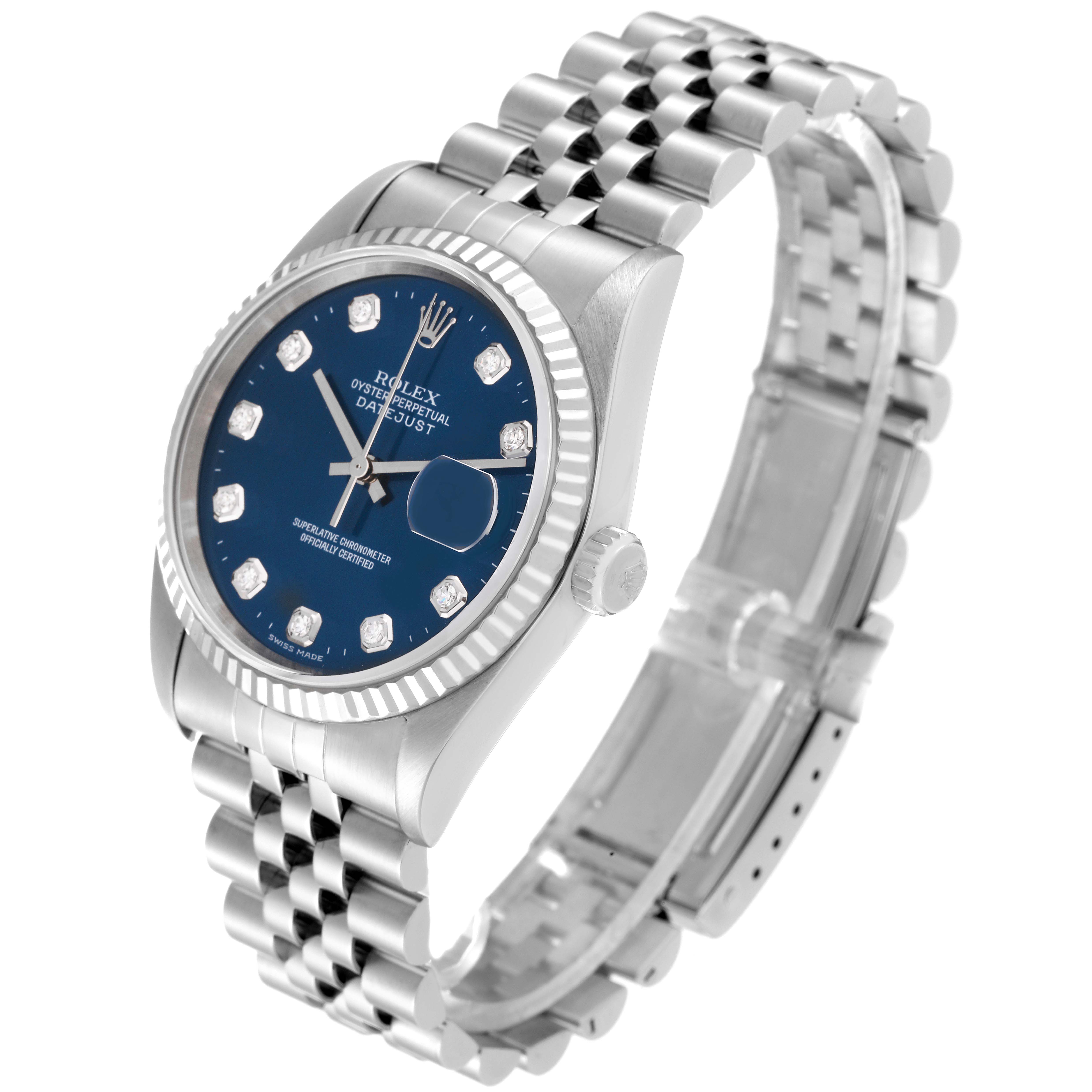 This Rolex Datejust 16234 Men's Stainless Steel Blue Dial 16234 Men's Stainless Steel Blue Dial watch is shown at a slight angle, displaying the face, bezel, crown, and bracelet.