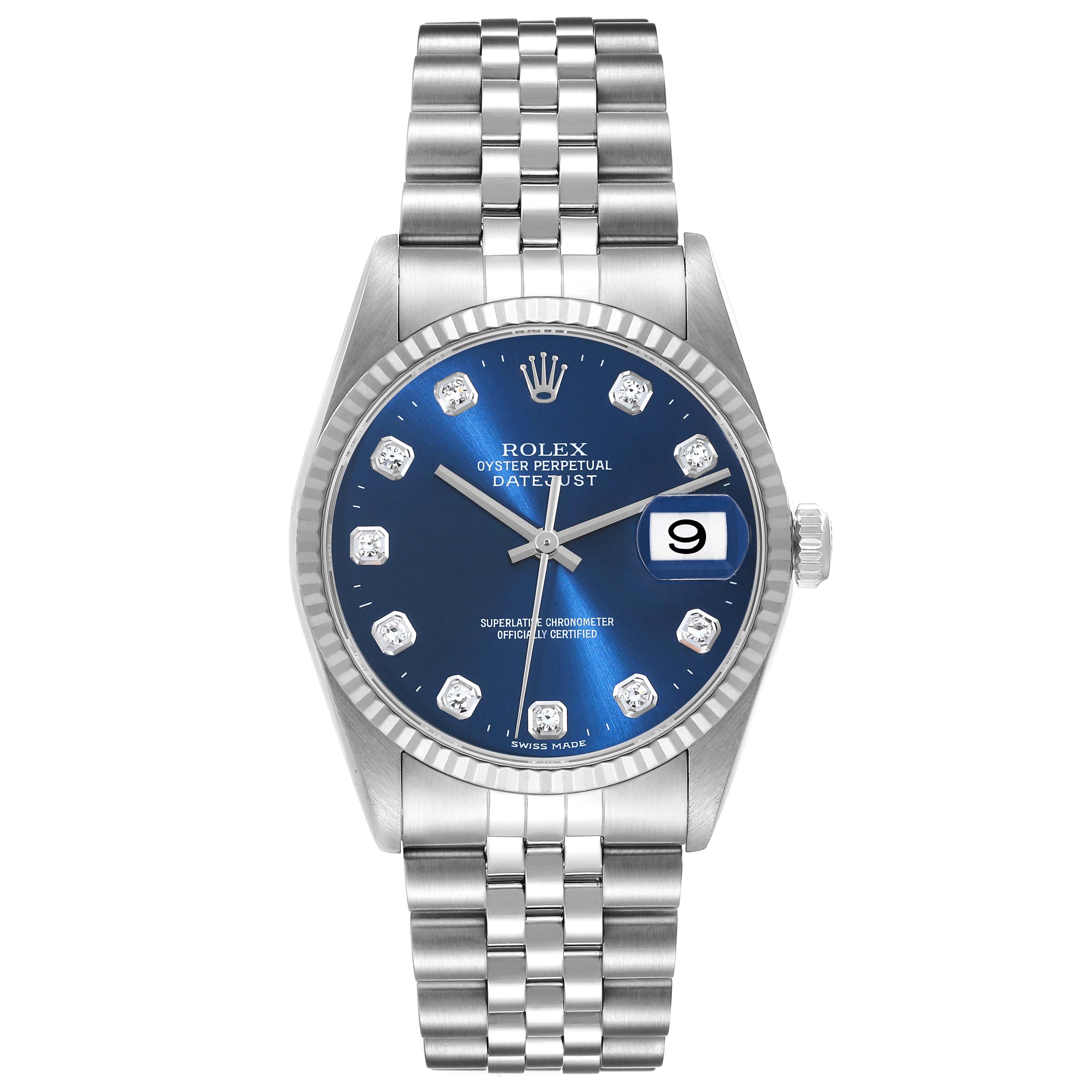 The image shows a Rolex Datejust 16234 Men's Stainless Steel Blue Dial 16234 Men's Stainless Steel Blue Dial watch front view, displaying its blue dial, fluted bezel, and jubilee bracelet.