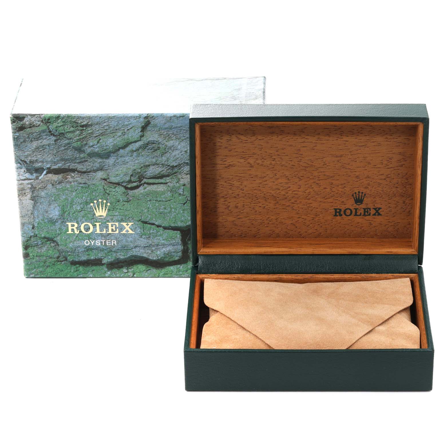 This image shows an open Rolex Datejust 16234 Men's Stainless Steel Blue Dial 16234 Men's Stainless Steel Blue Dial watch box with its lid and interior visible, alongside its outer packaging.