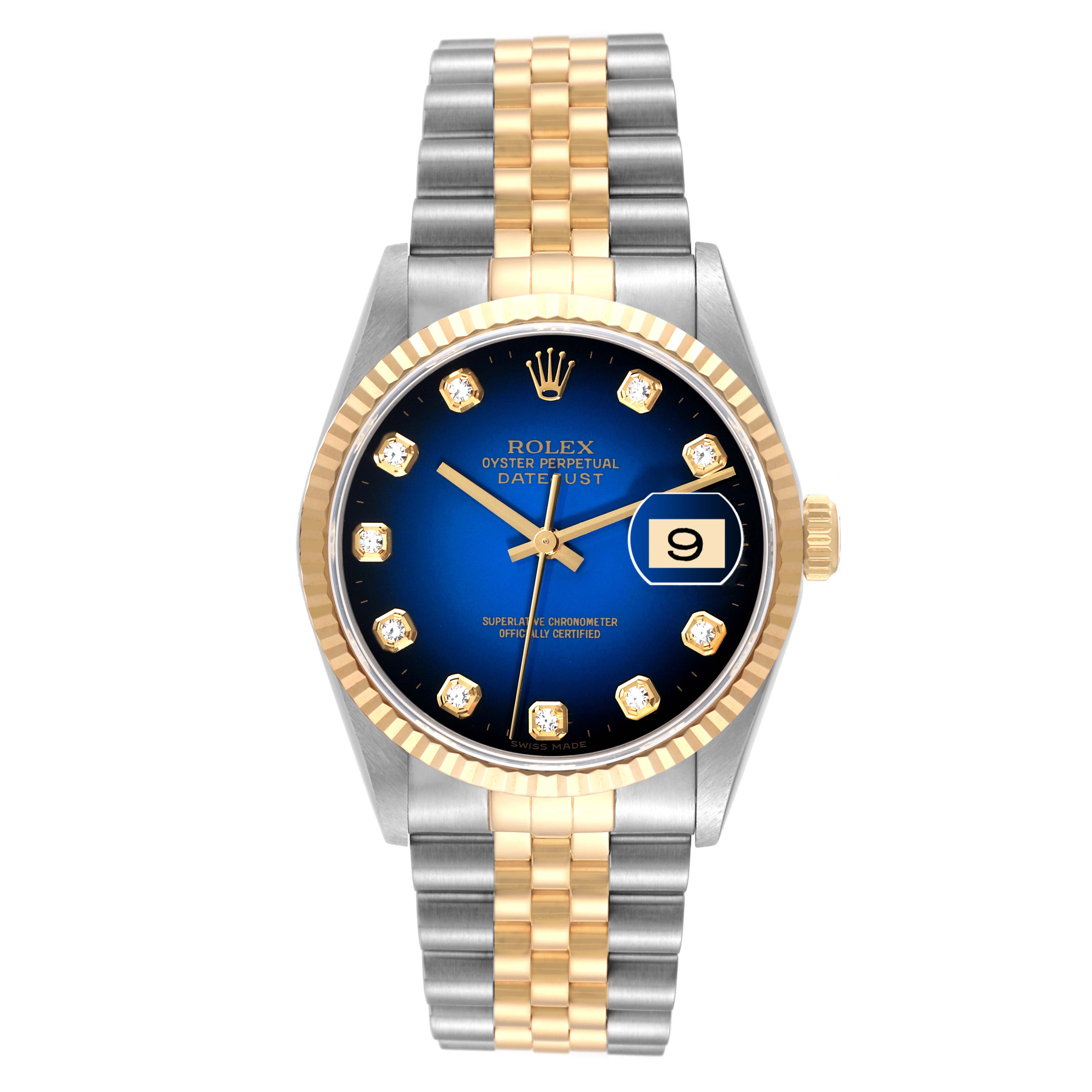 The Rolex Datejust 16233G Men's Steel and Gold (two tone) Blue Dial 16233G Men's Steel and Gold (two tone) Blue Dial watch is shown from a top angle, featuring its blue dial, two-tone bracelet, gold fluted bezel, and date window.