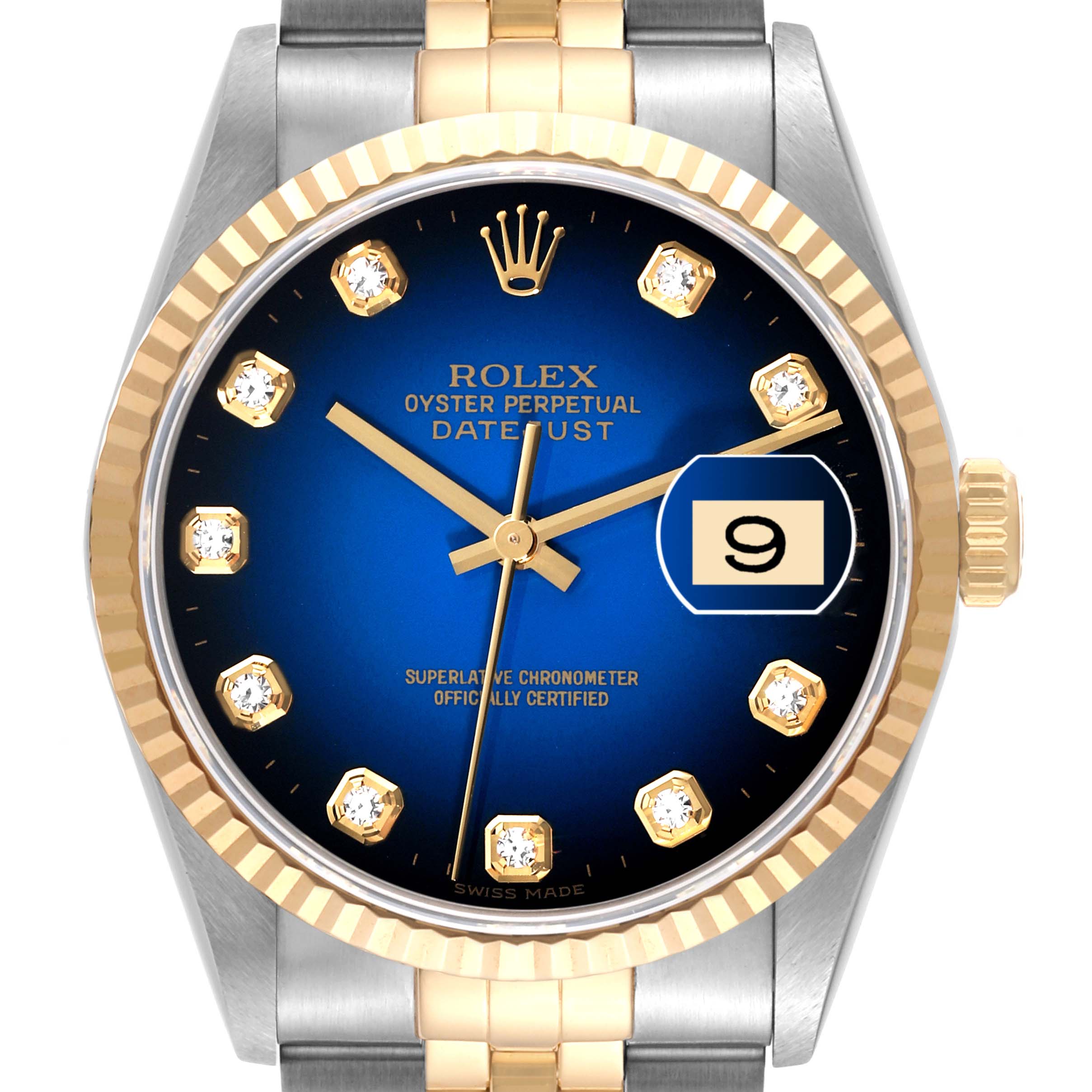 This is a close-up, front-facing view of the Rolex Datejust 16233G Men's Steel and Gold (two tone) Blue Dial 16233G Men's Steel and Gold (two tone) Blue Dial watch, showing the dial, bezel, and part of the bracelet.