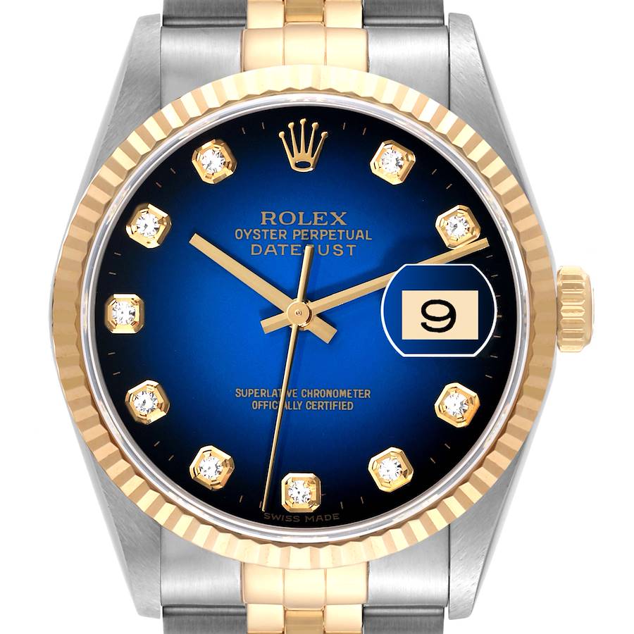 Rolex Datejust Blue Diamond Dial Steel Yellow Gold Mens Watch 16233 Box Papers SwissWatchExpo