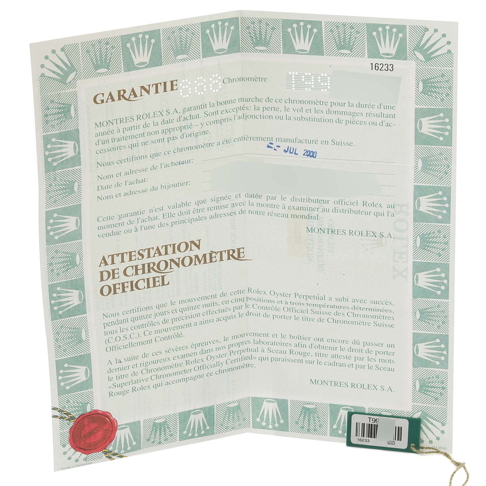 The image shows the official warranty and certification documents for the Rolex Datejust 16233G Men's Steel and Gold (two tone) Blue Dial 16233G Men's Steel and Gold (two tone) Blue Dial watch model.