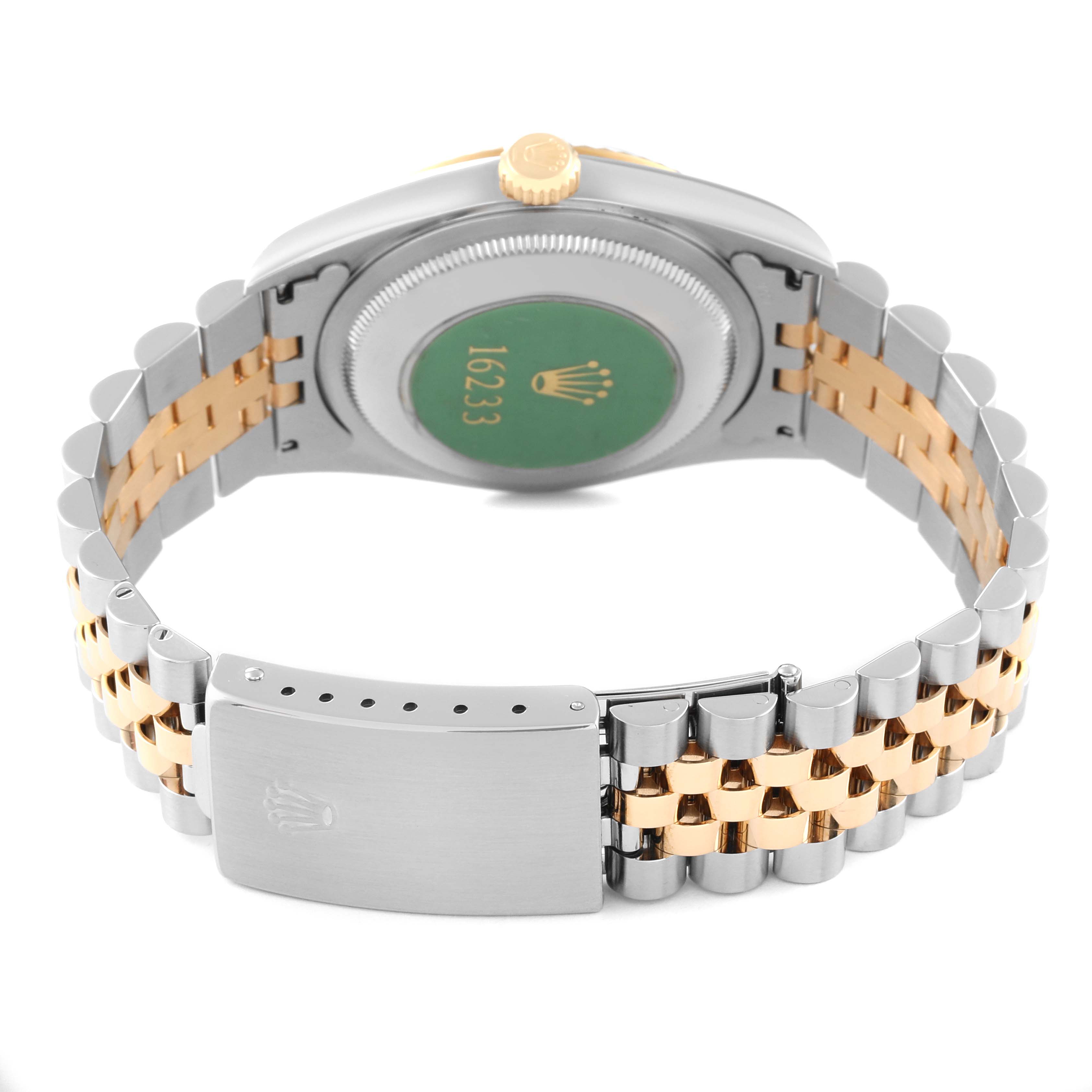 This image shows the back view of a Rolex Datejust 16233G Men's Steel and Gold (two tone) Blue Dial 16233G Men's Steel and Gold (two tone) Blue Dial model, highlighting its two-tone Jubilee bracelet and clasp.