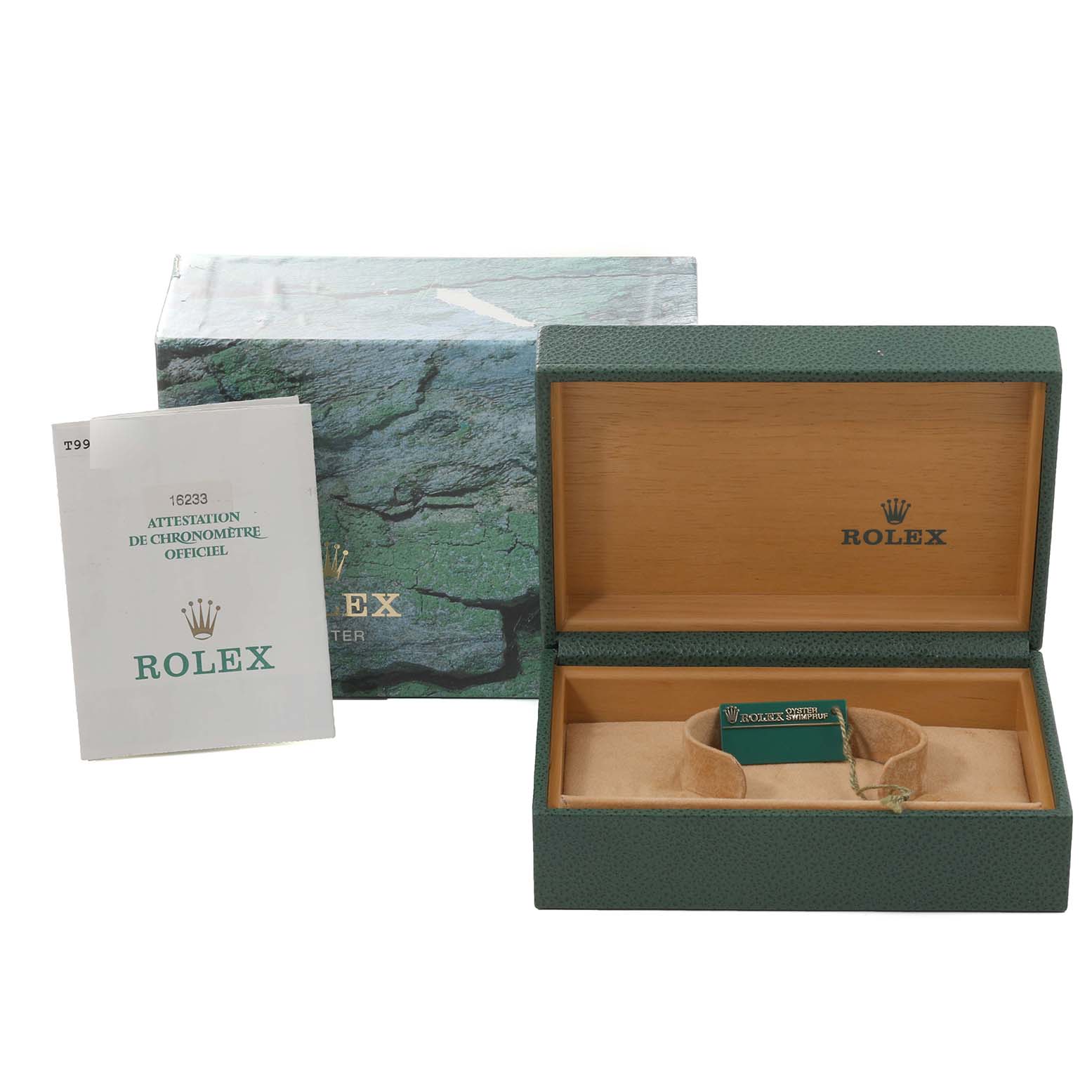 The image shows the packaging box, an open case, and a booklet for the Rolex Datejust 16233G Men's Steel and Gold (two tone) Blue Dial 16233G Men's Steel and Gold (two tone) Blue Dial watch model.