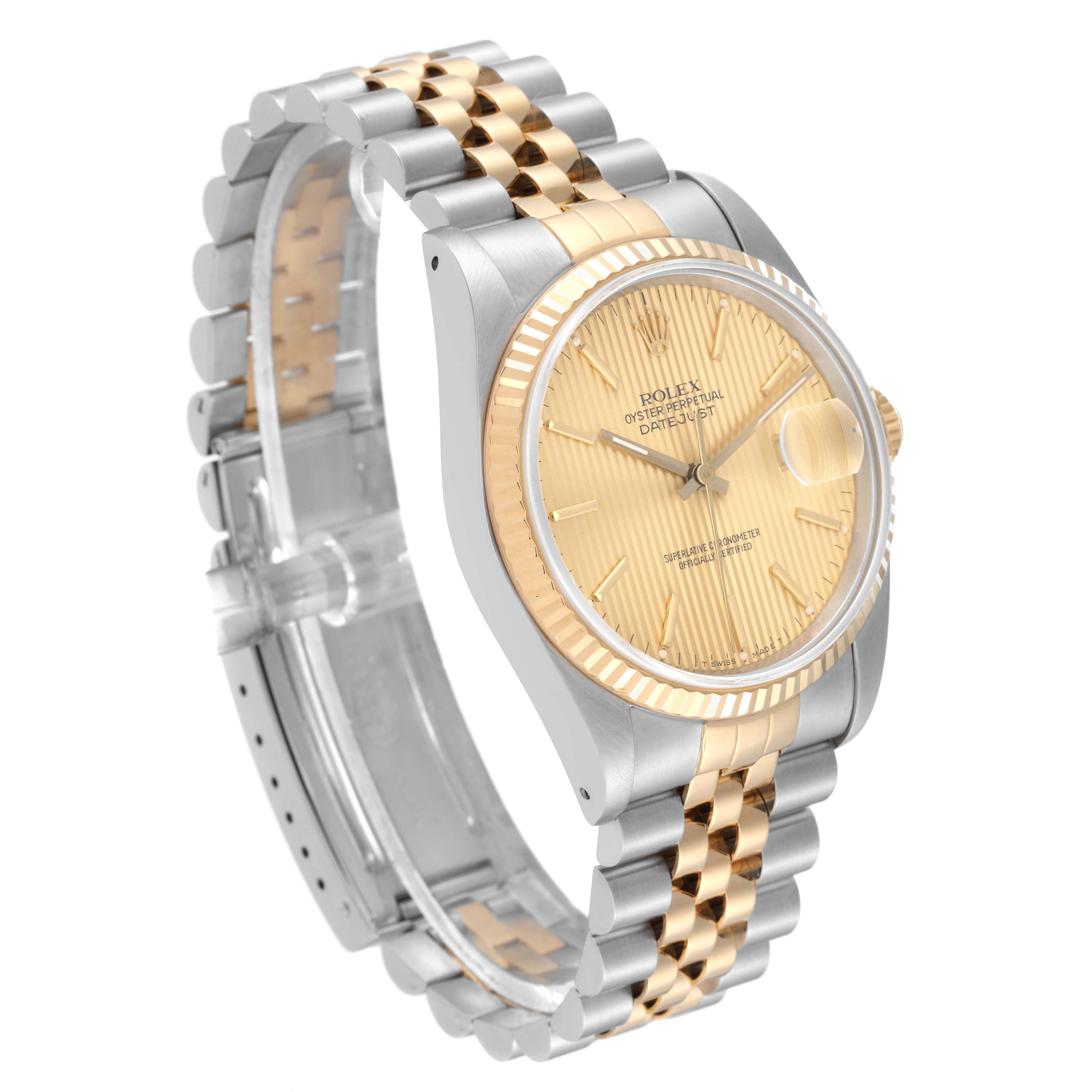 The image shows a Rolex Datejust 16233 Men's Steel and Gold (two tone) Champagne Dial 16233 Men's Steel and Gold (two tone) Champagne Dial watch at a slight angle, highlighting the face, fluted bezel, and two-tone bracelet.