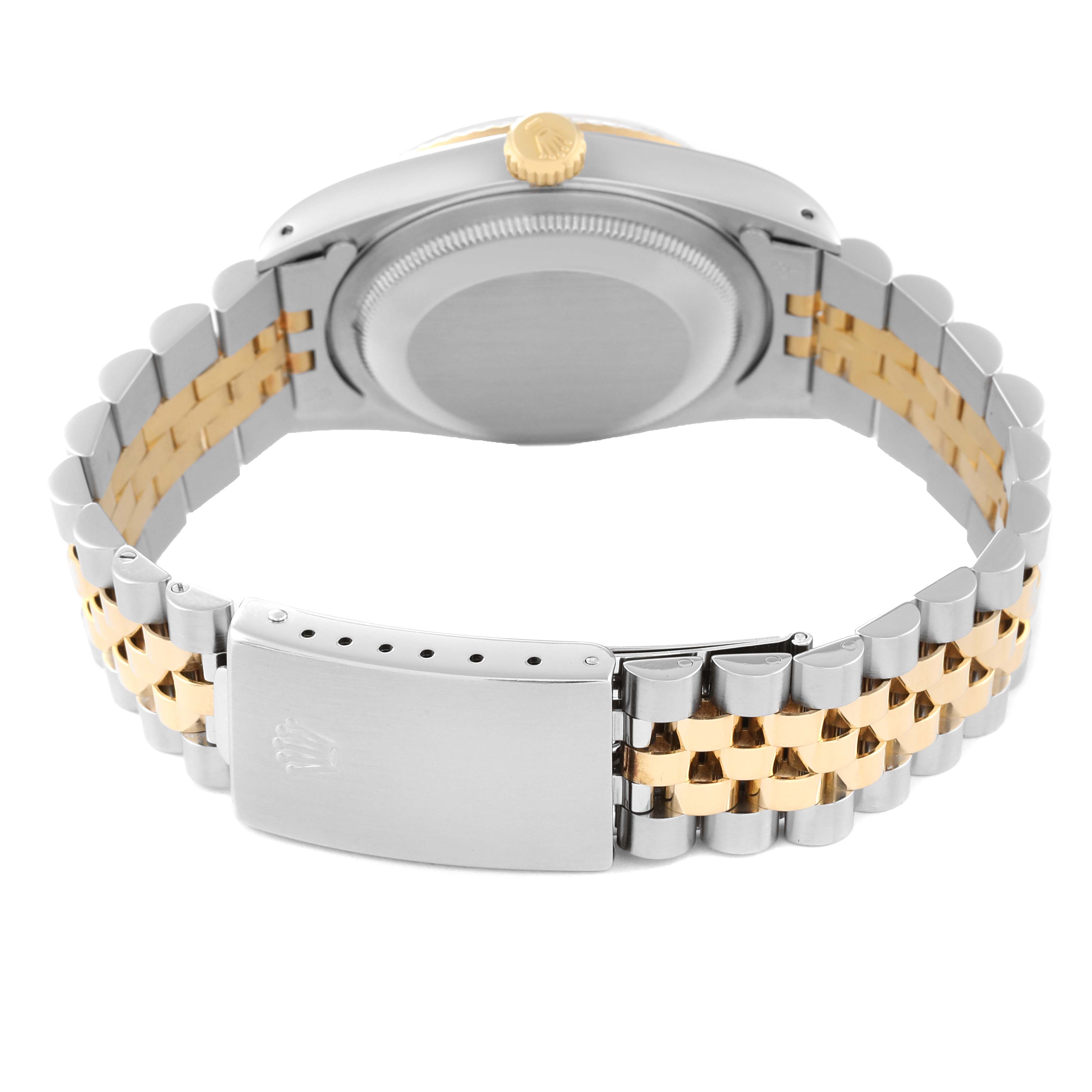 The image shows the back of a Rolex Datejust 16233 Men's Steel and Gold (two tone) Champagne Dial 16233 Men's Steel and Gold (two tone) Champagne Dial watch, featuring the case back, crown, and two-tone bracelet.