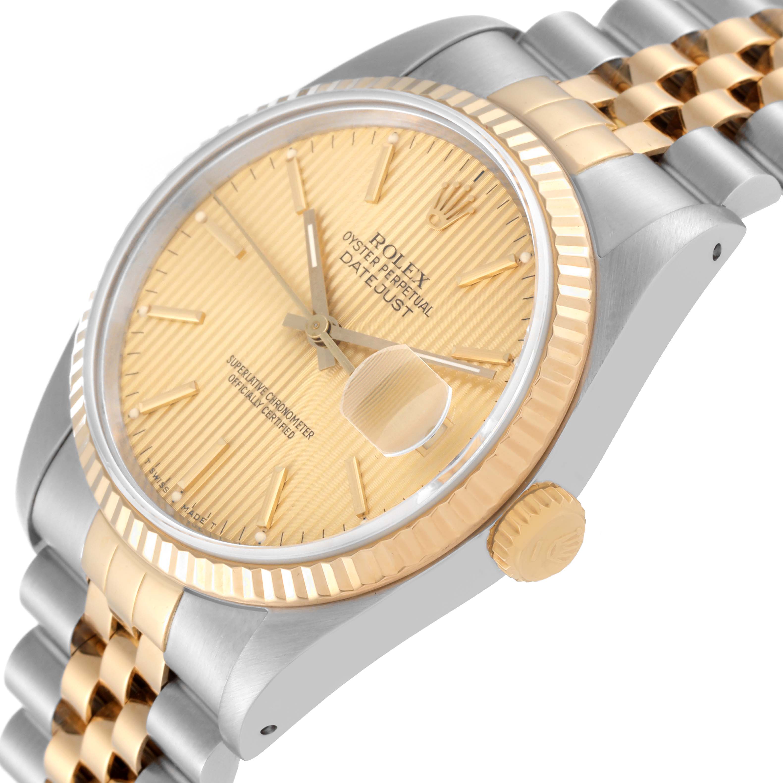 The image shows a close-up angle of a Rolex Datejust 16233 Men's Steel and Gold (two tone) Champagne Dial 16233 Men's Steel and Gold (two tone) Champagne Dial watch, highlighting its dial, crown, and partial bracelet.